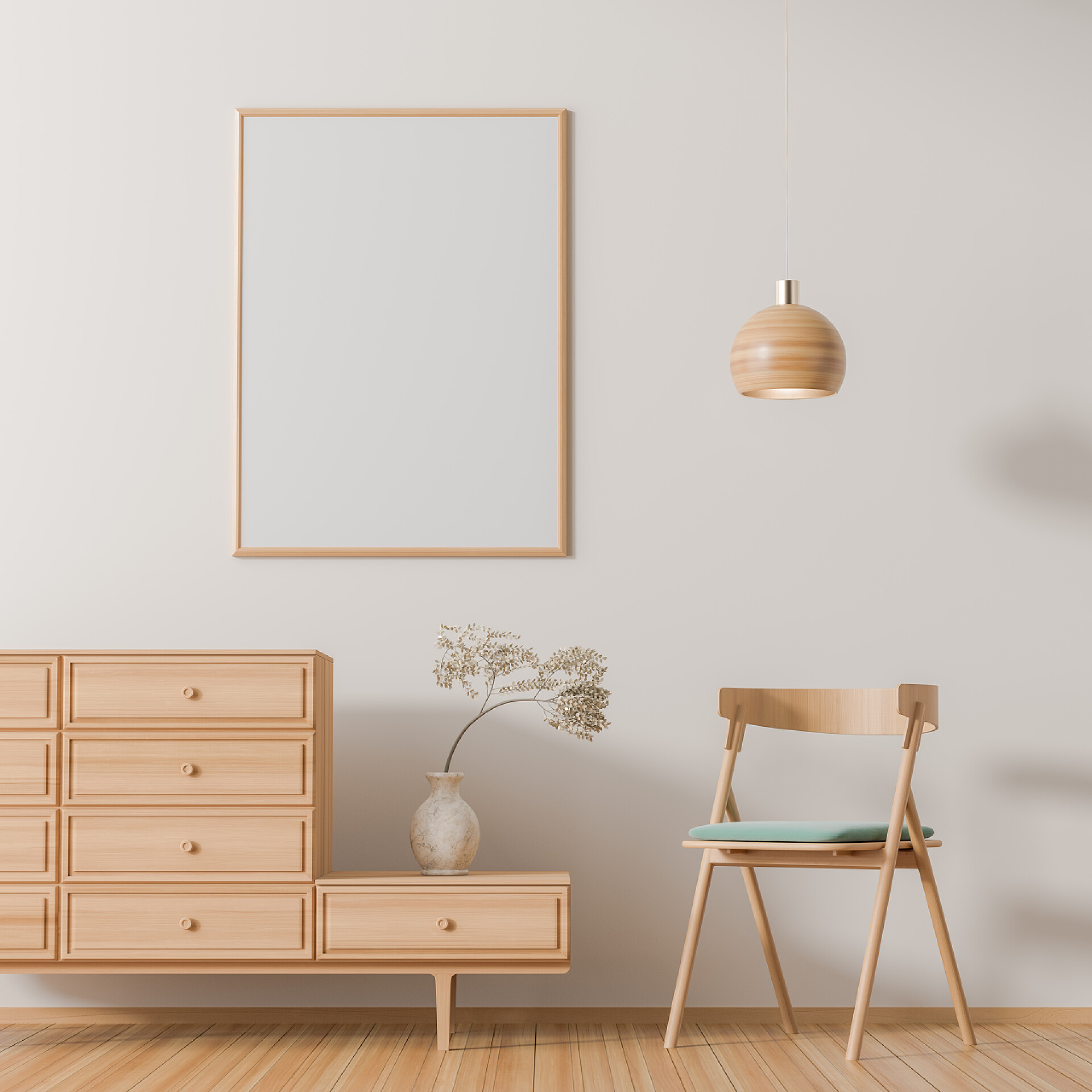 白色背景下的客厅装饰模拟海报框架在斯堪的纳维亚风格的内部与木 