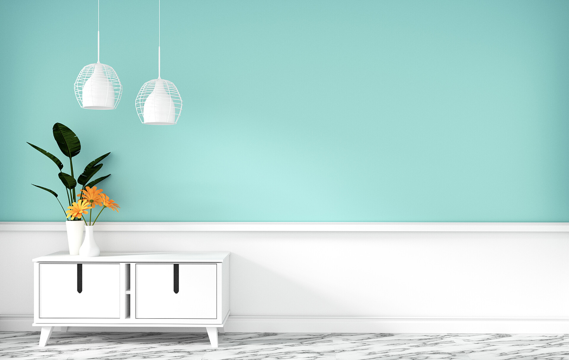 白色背景下的客厅装饰桌柜在现代薄荷空房间，最小设计，3D rend