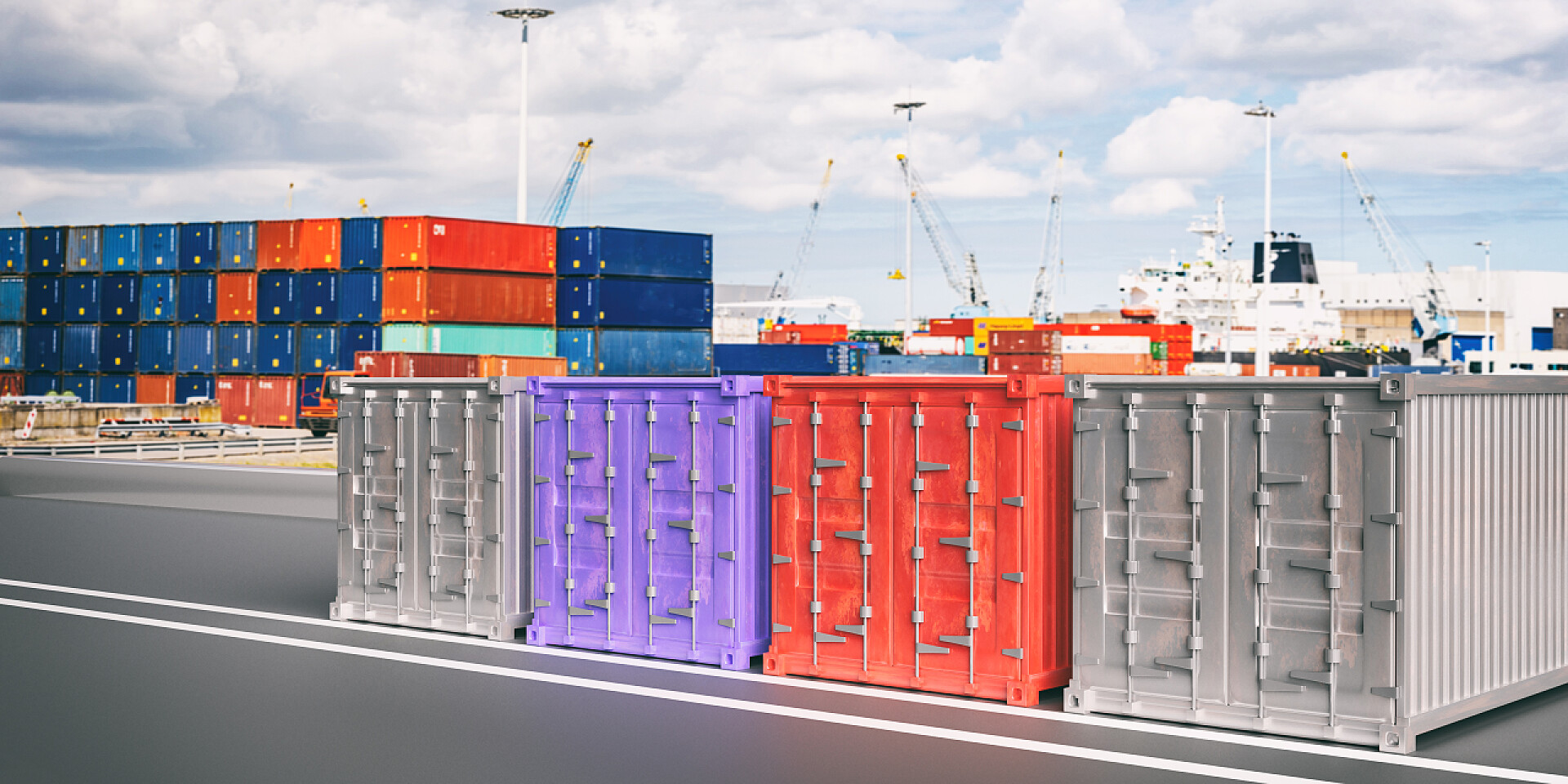 码头的货船和起重机货柜，模糊的港口背景。进口出口，物流理念。3d 插图