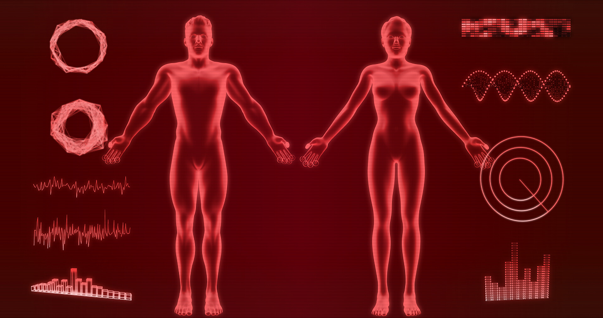 红色背景全息图抽象男人和女人全息图上的红色背景3D渲染。Hud 元素、X 射线机身、机器人、数字数据和雷达接口集,适用于未来科幻接口