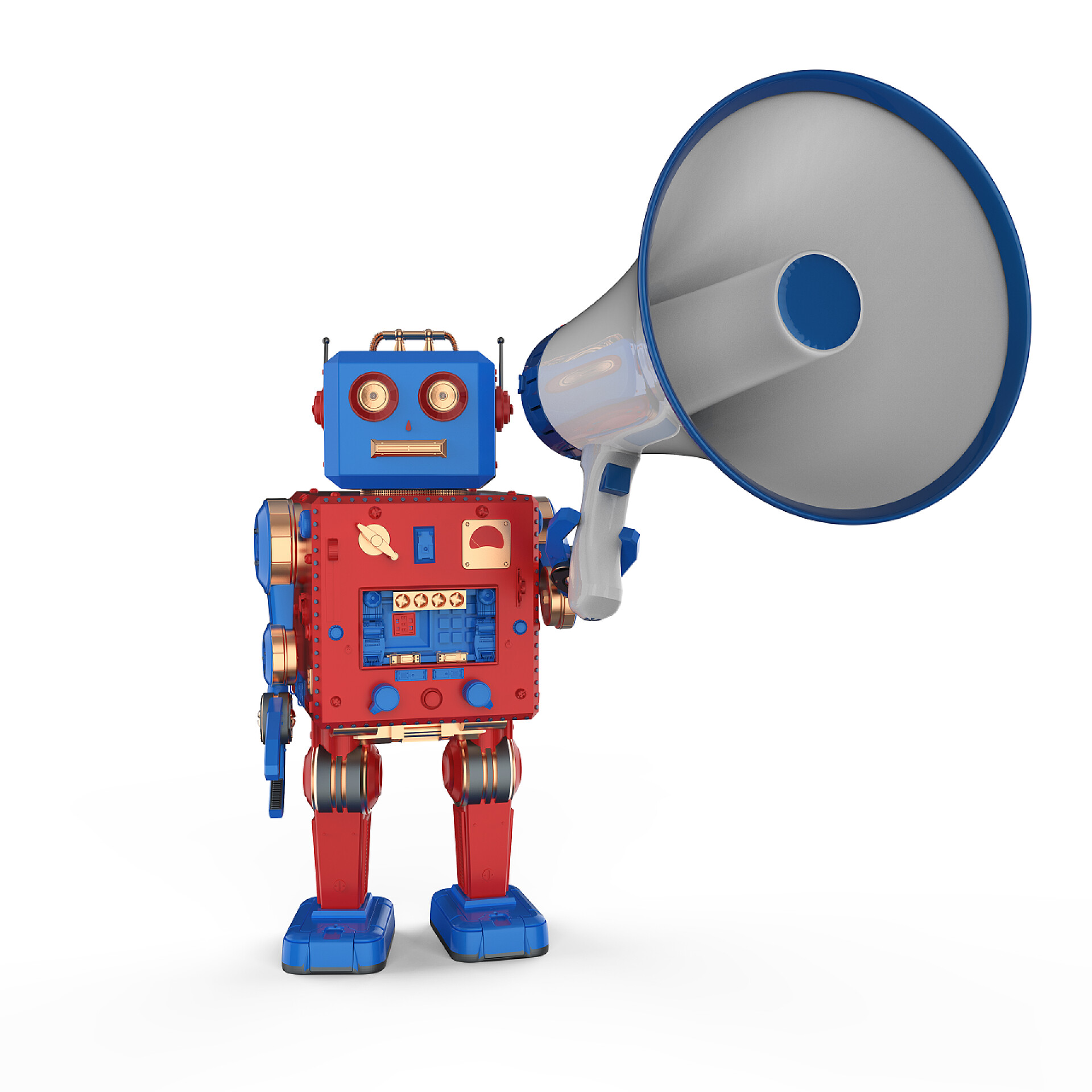 白色背景上的卡通机器人在线营销概念 