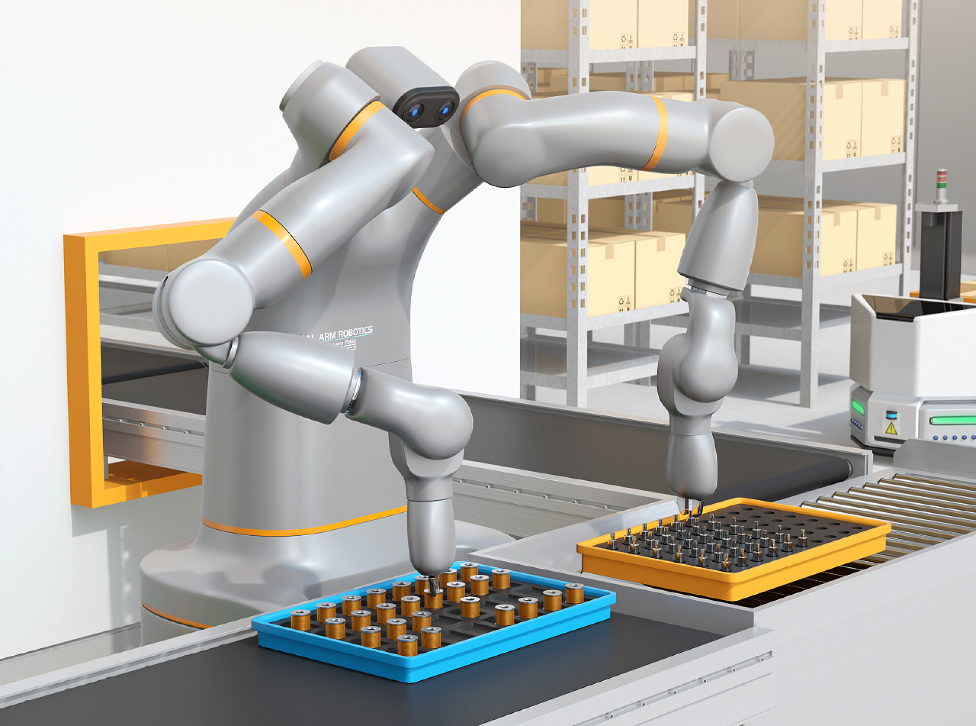 双臂机器人装配电机线圈在单元生产空间中，双臂机器人装配电机线圈。协作机器人概念。3d 渲染图像.