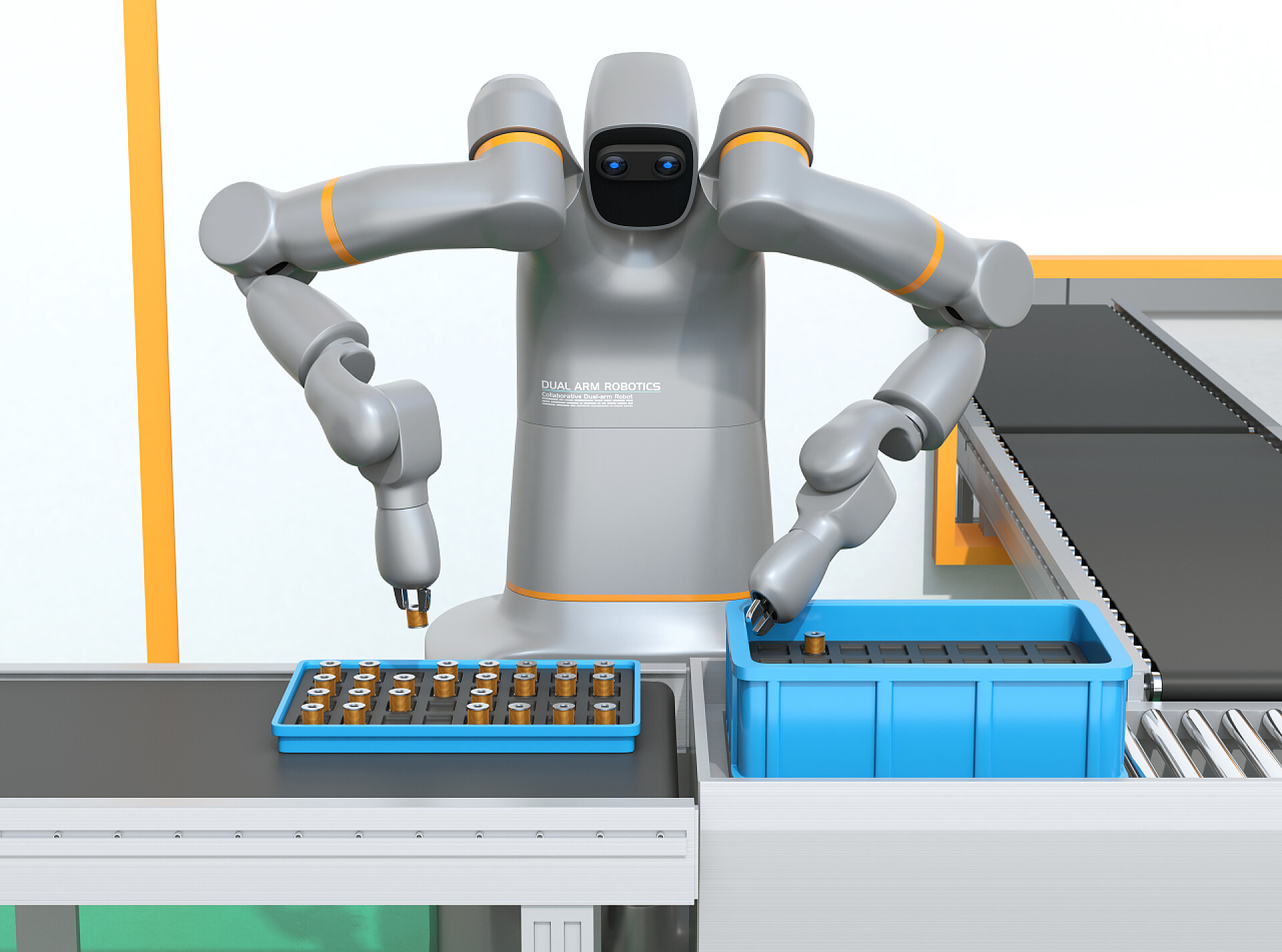 双臂机器人工作前视图单元生产空间中双臂机器人装配电机线圈的前视图。协作机器人概念。3d 渲染图像.
