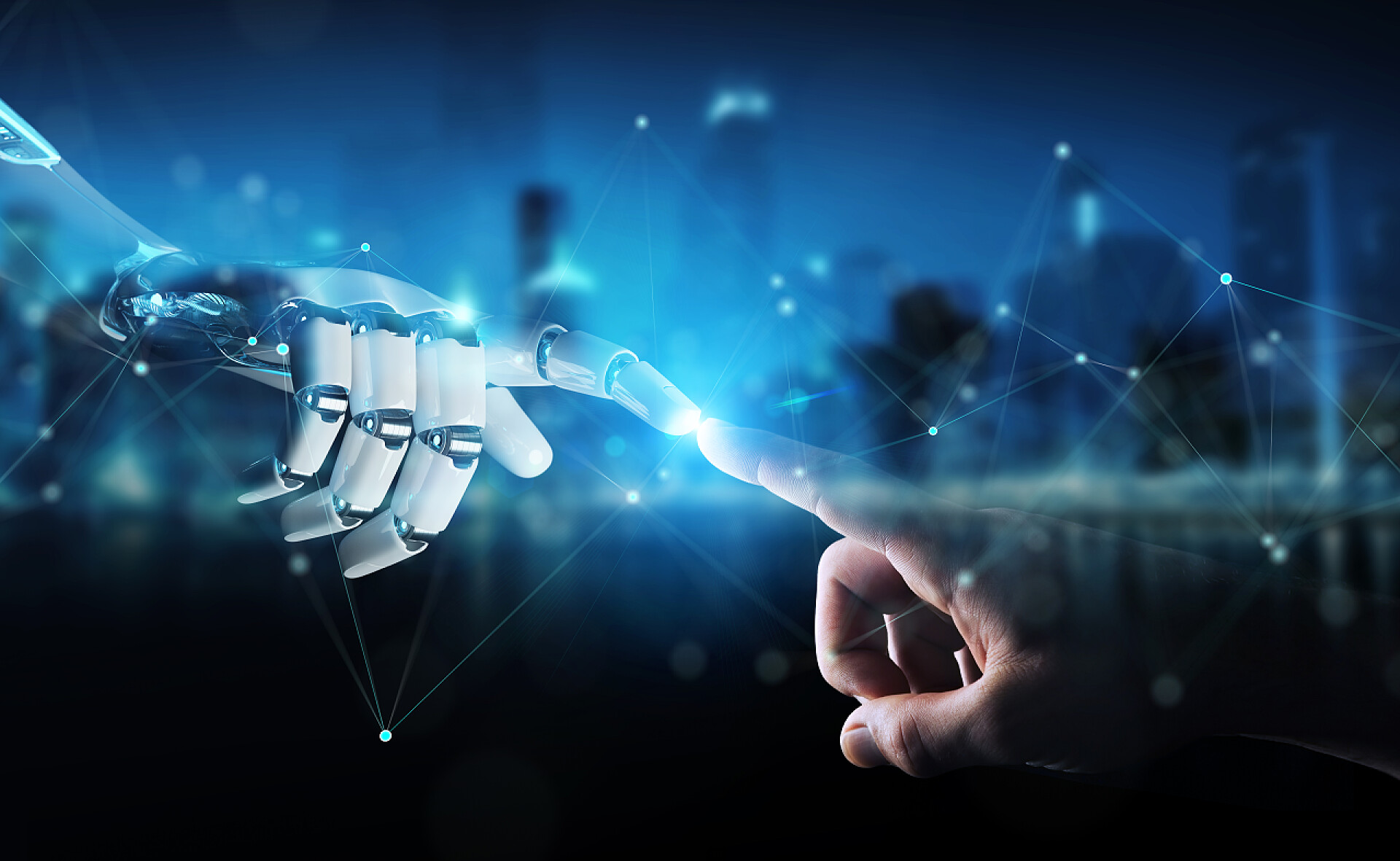 人工智能对机器人的研究机器人手与人的手接触在黑暗的背景3d 