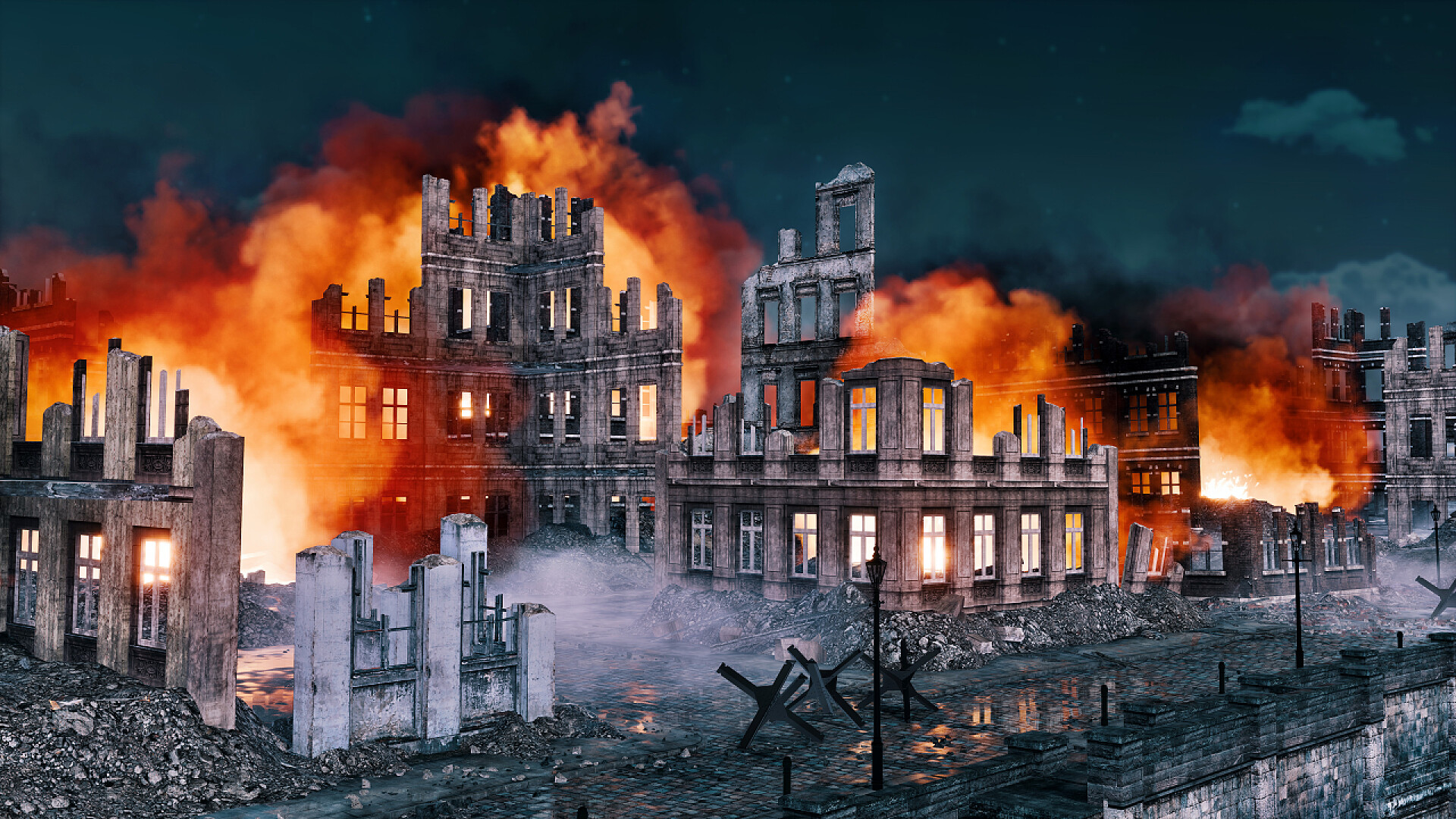 乌云下的废墟景观战后被毁坏的燃烧建筑废墟