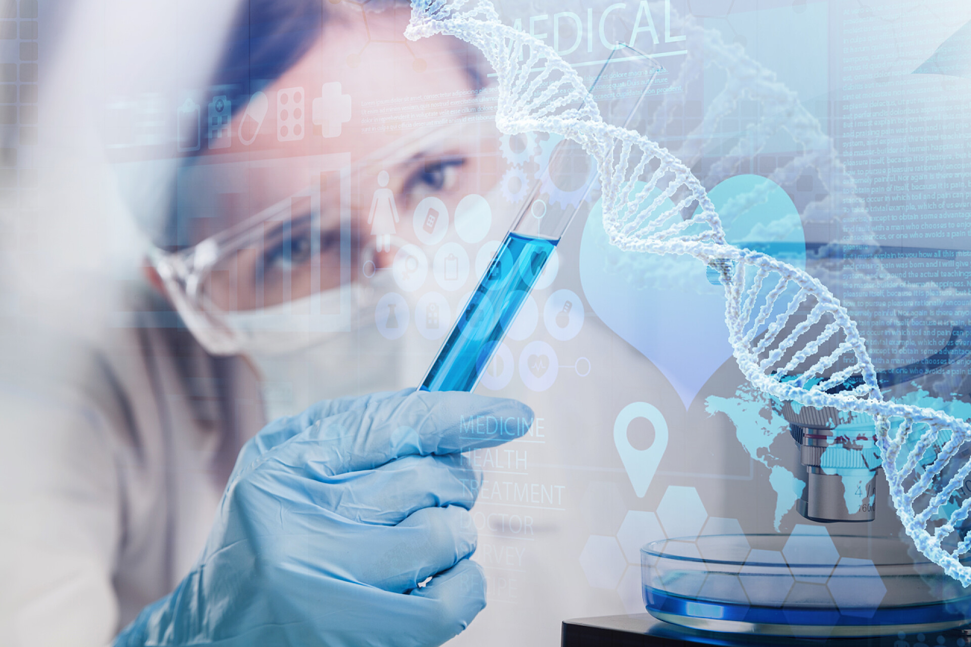 在实验室里用器皿进行检测的研究员具有DNA概念的科学家