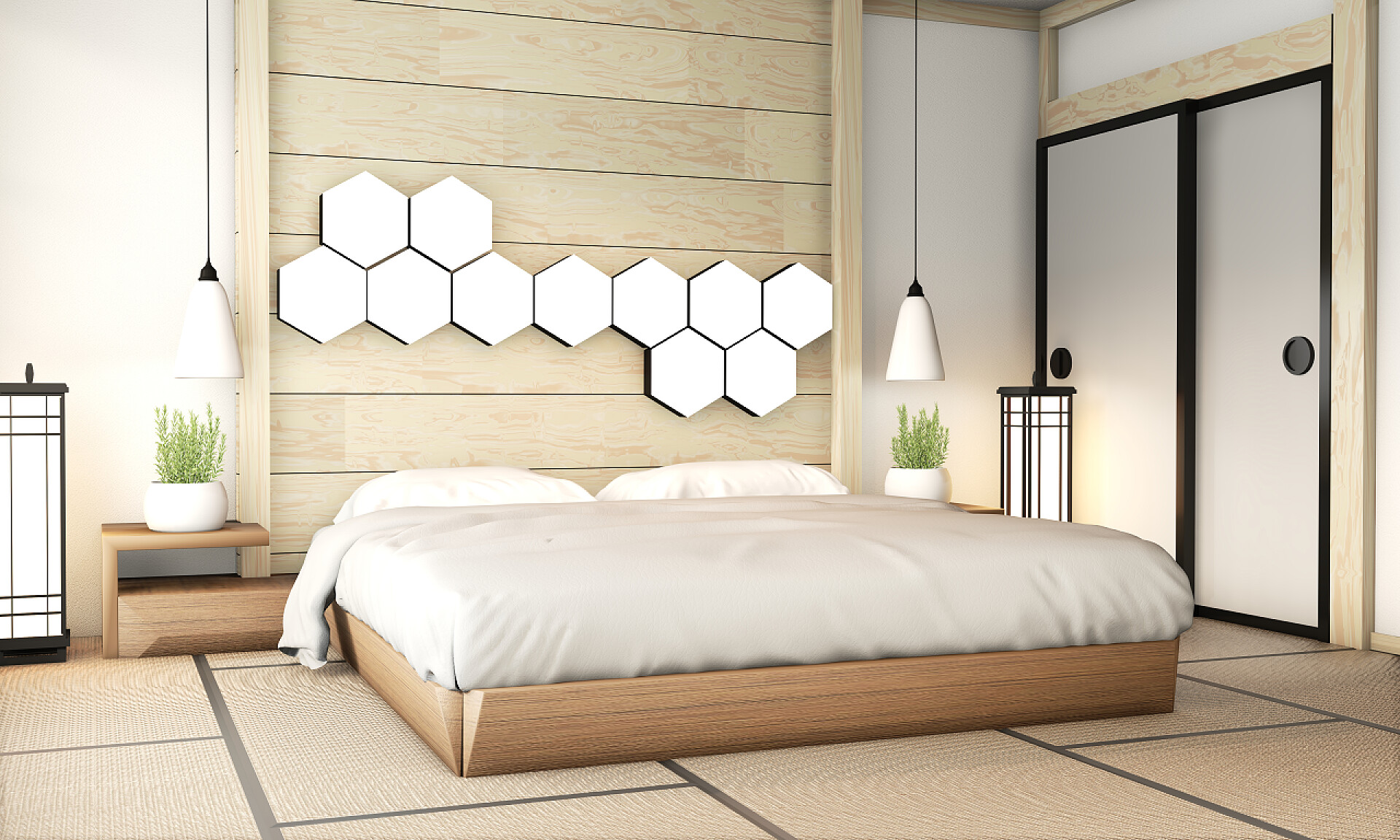 禅式室内设计卧室带塔瓦垫地板和六边形拉的居室室内设计