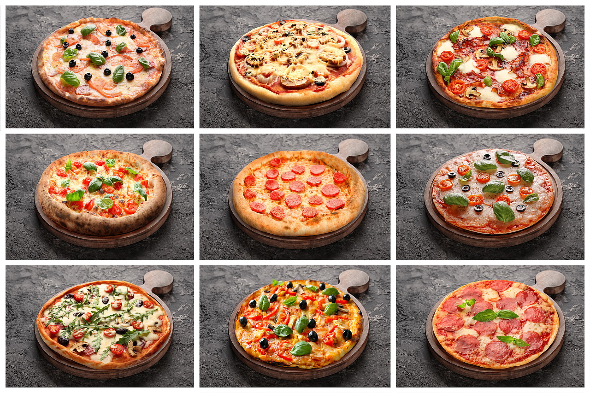 各种口味的披萨九宫格一套灰色背景的意大利披萨