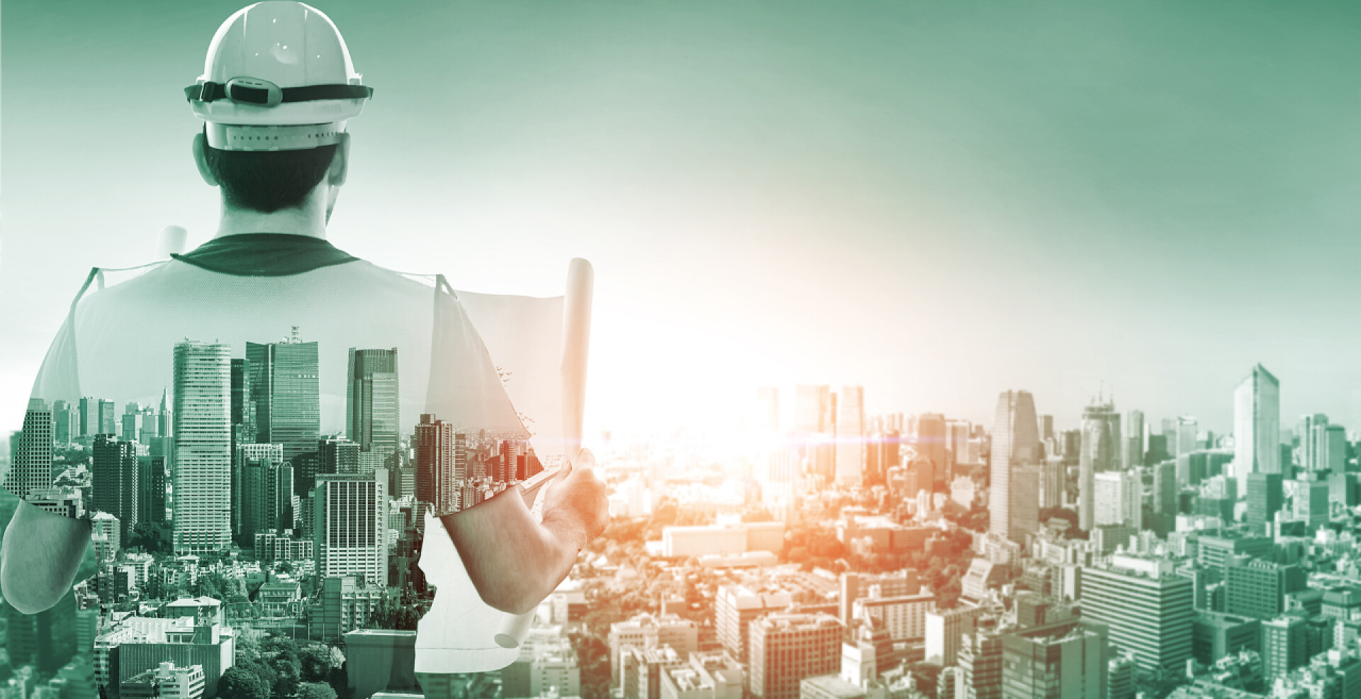 城市背景上的建筑工人未来的建筑工程.