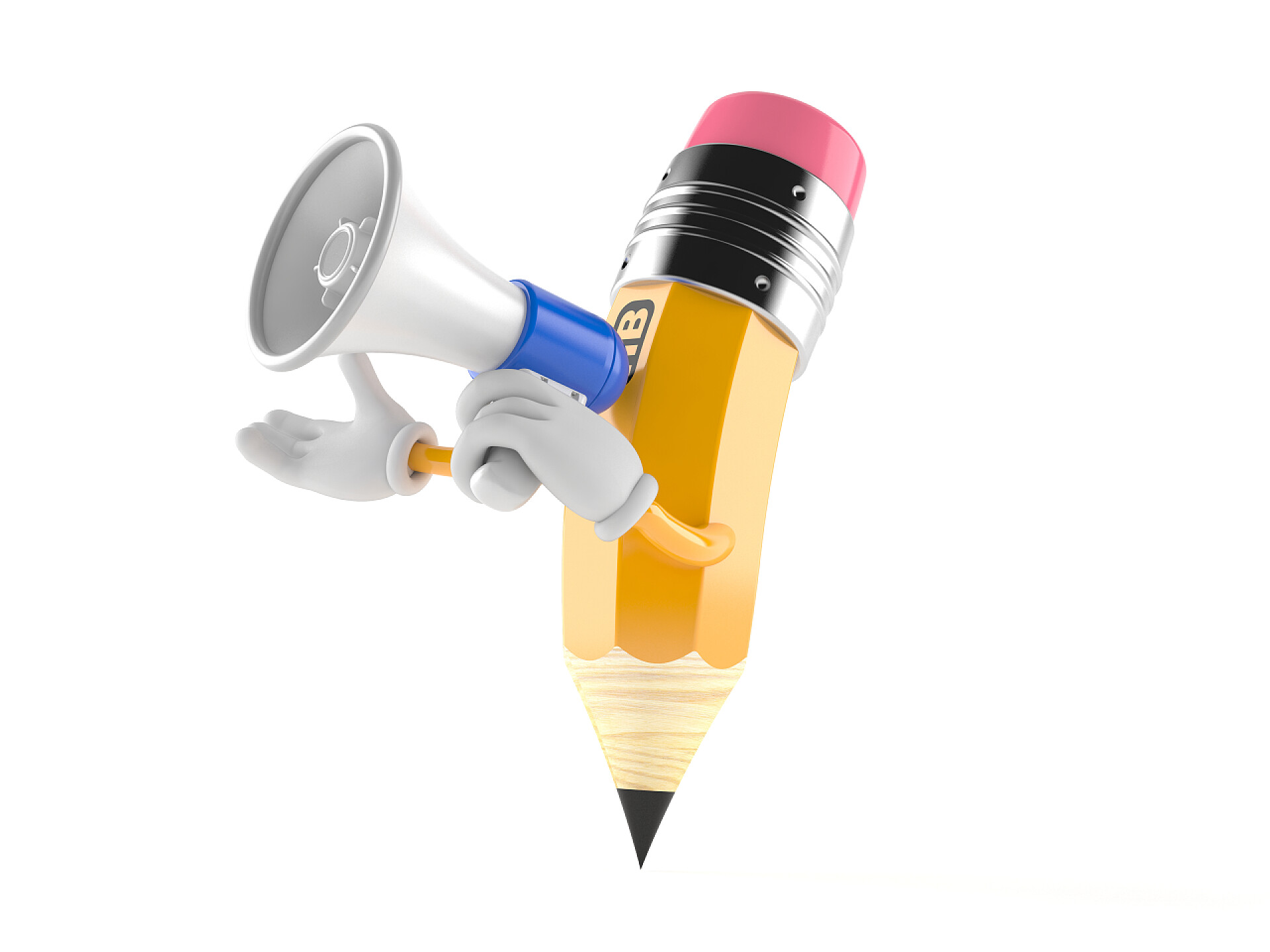 白色背景上铅笔字符拿着扩音器说话通过扩音器说话的笔迹字符