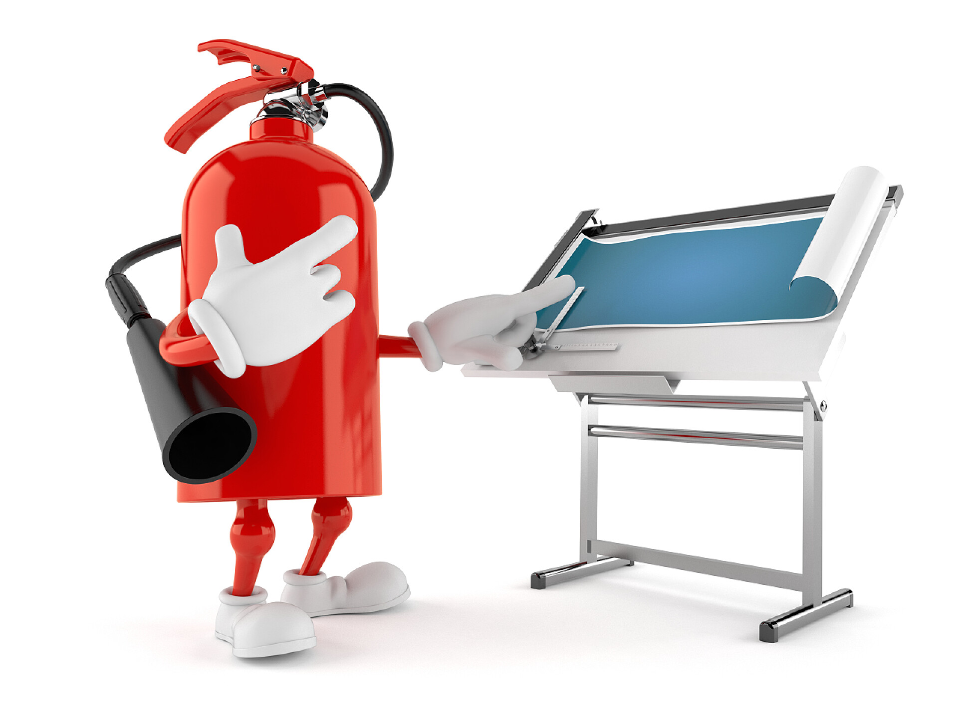 白色背景上的卡通灭火器材具有蓝图的灭火器特性