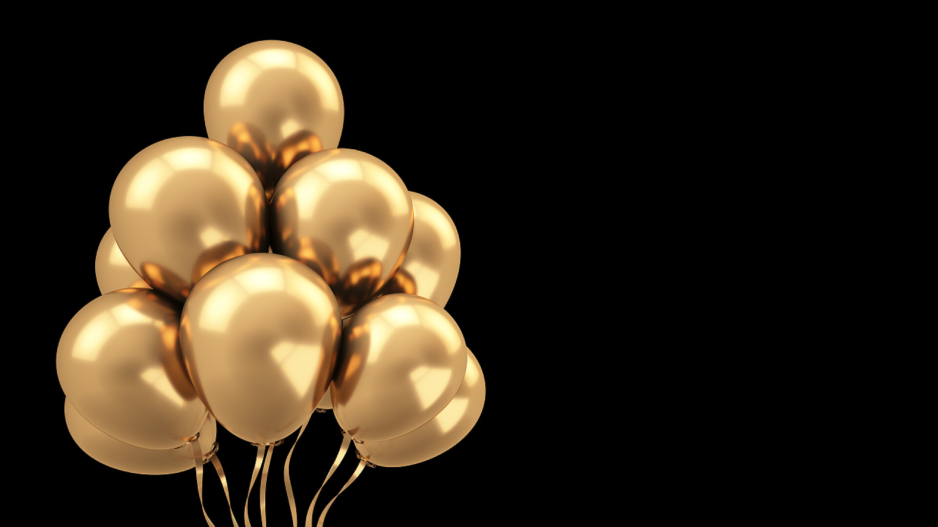 黑色背景上的金色气球Holiday isolated black background luxury golden balls. 3d illust