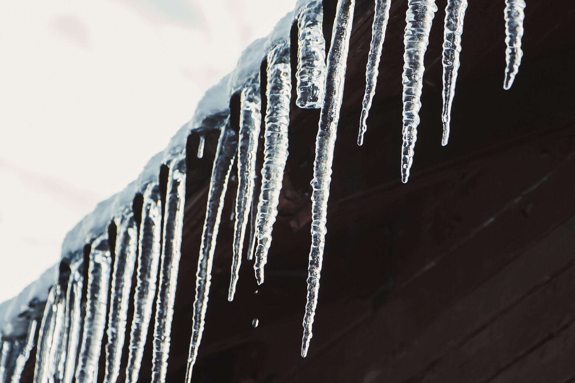 屋顶上结冰柱黑色背景上不同寻常的闪闪发光的冰柱