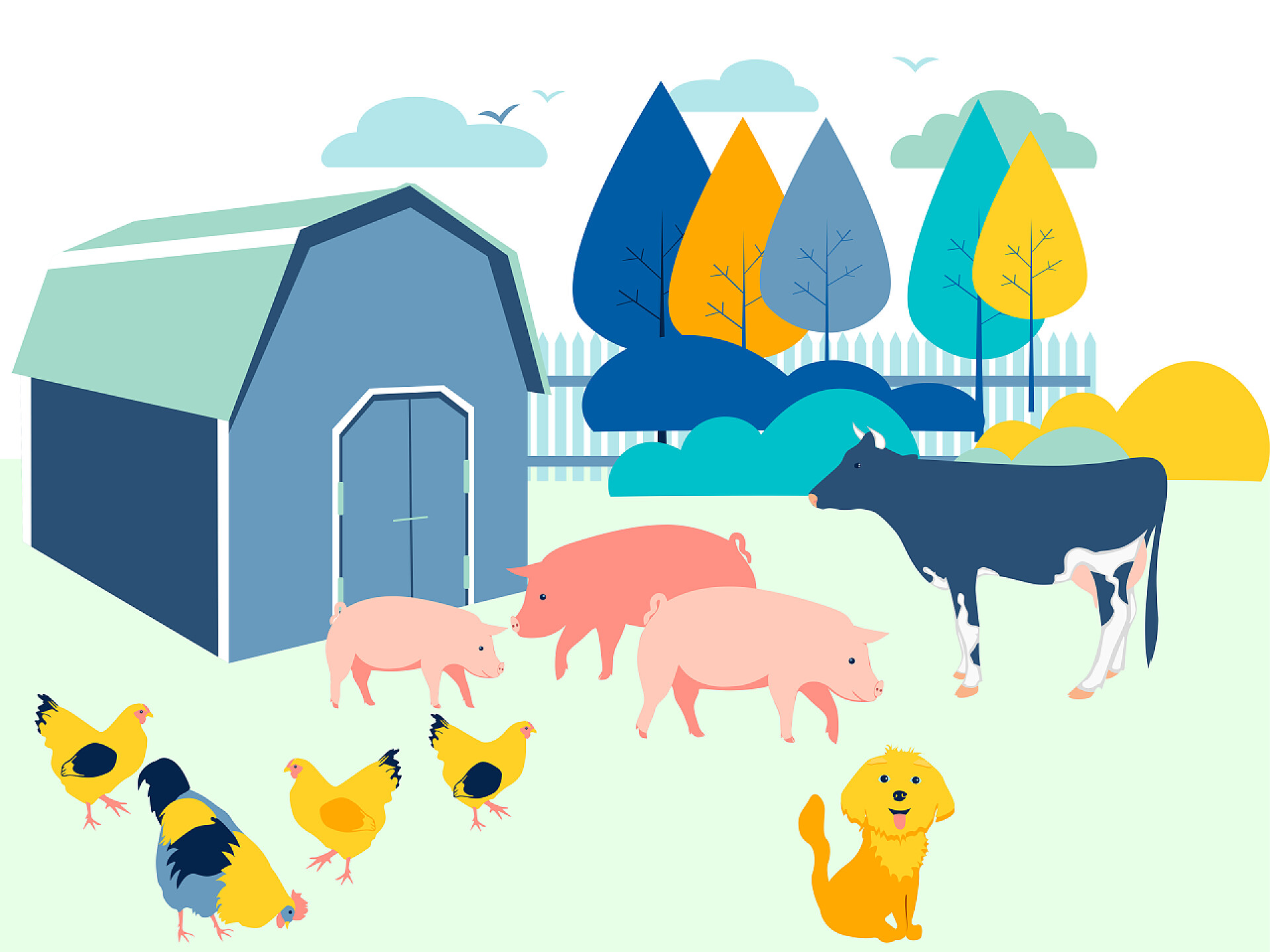 农场里的动物和树木手绘画农场的院子，动物。 平庸简约的风格。 卡通栅格