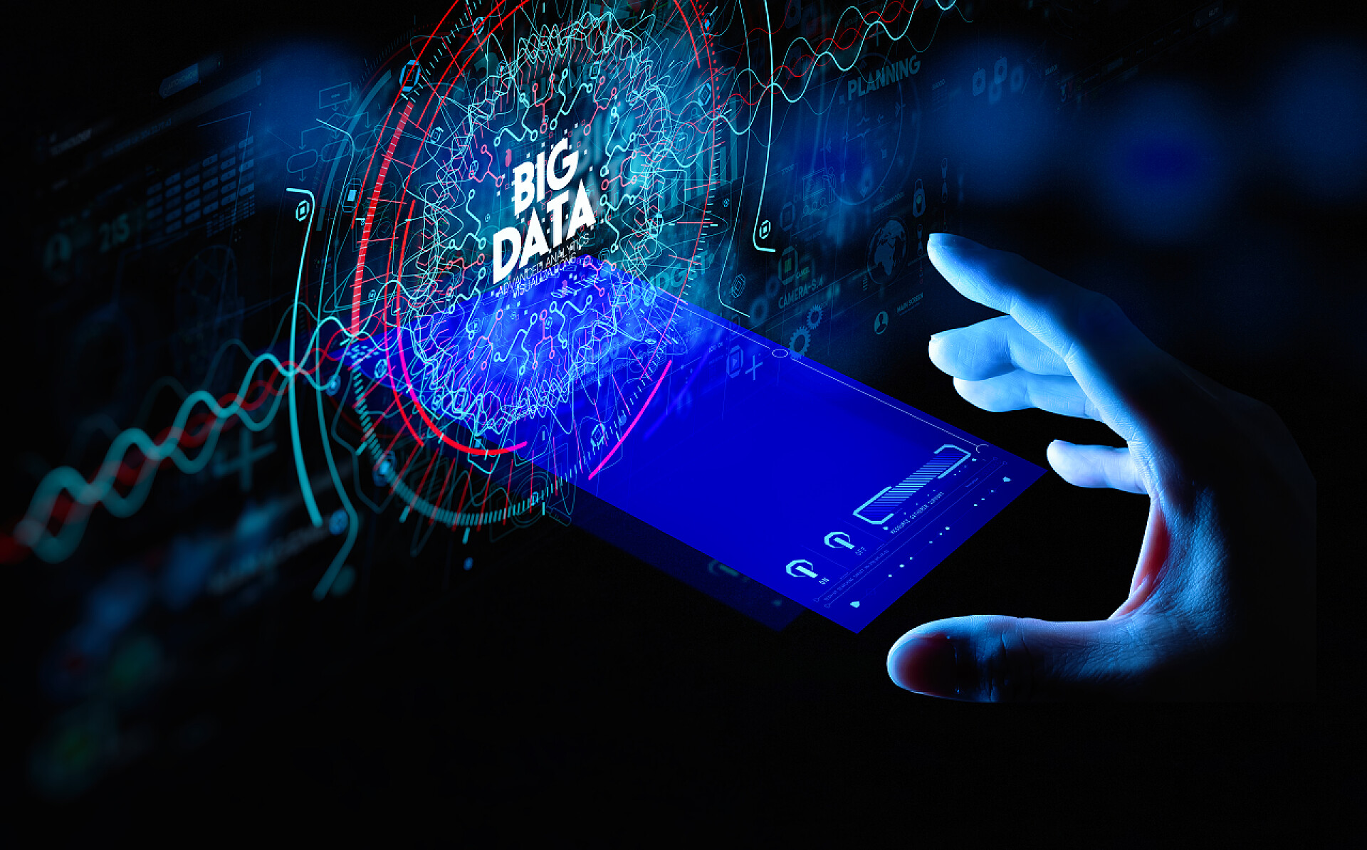 用手按手机接口全息图带有手动选择和按下Big Data符号和智能手机接口的Hud和icon ui中的大数据.