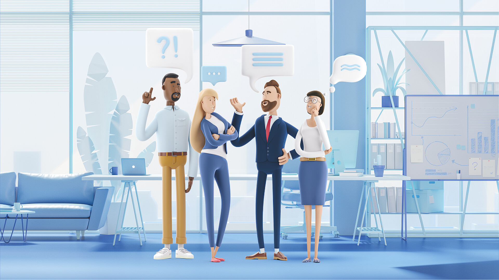 3D卡通室内场景商业人物商人集体聊天交流泡泡. 3D例证。 卡通人物。 业务团队合作概念. 