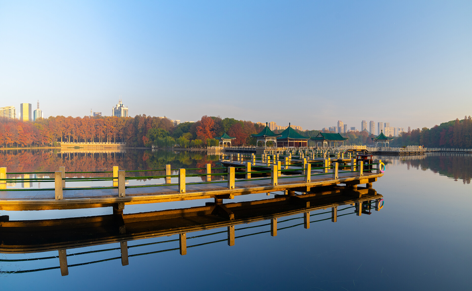 阳光明媚的天气美丽的湖水和小桥湖北武汉市东湖汀涛风景区晚秋风景