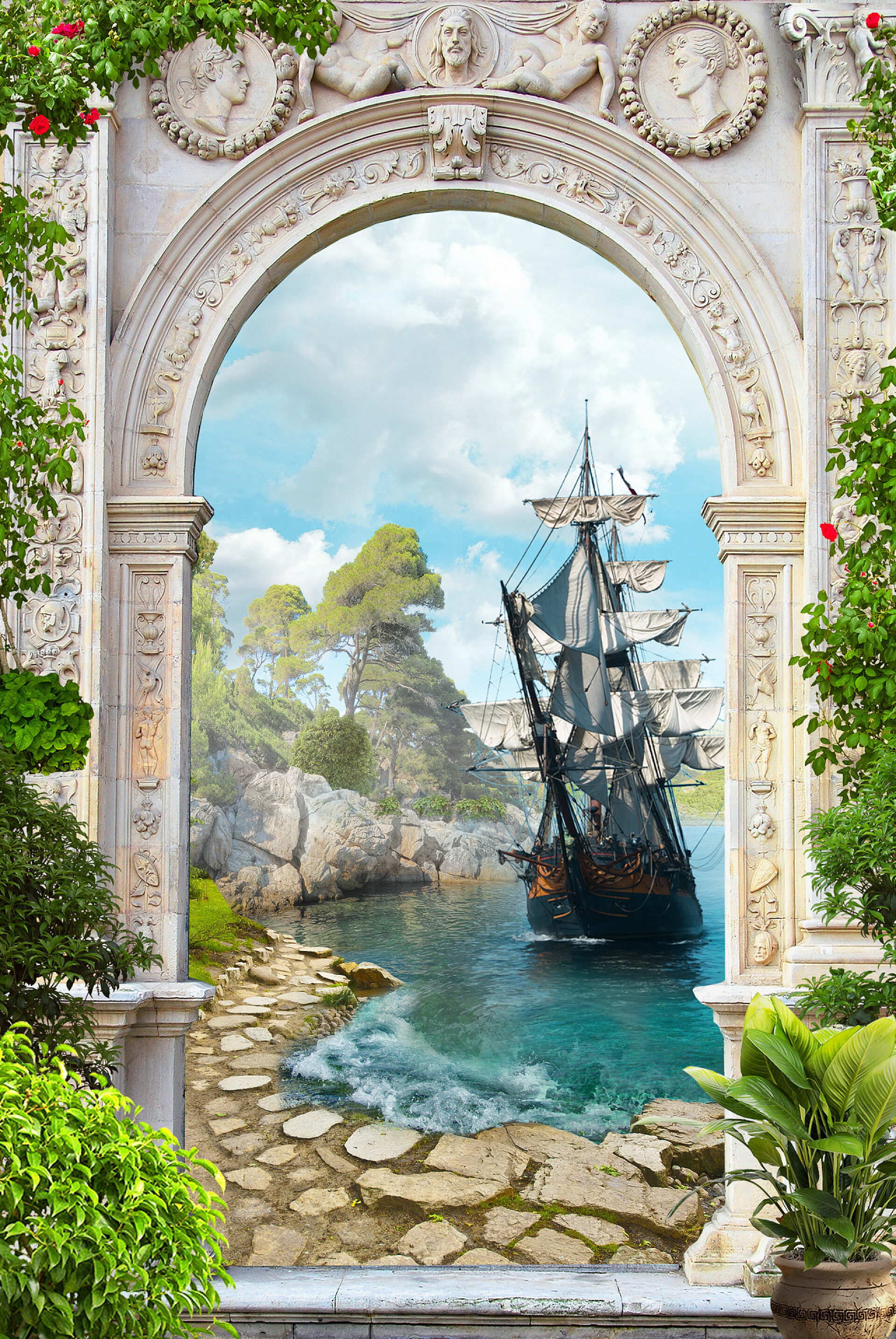 蓝天白云下透过门洞美丽的大海的景色美丽的大海的景色