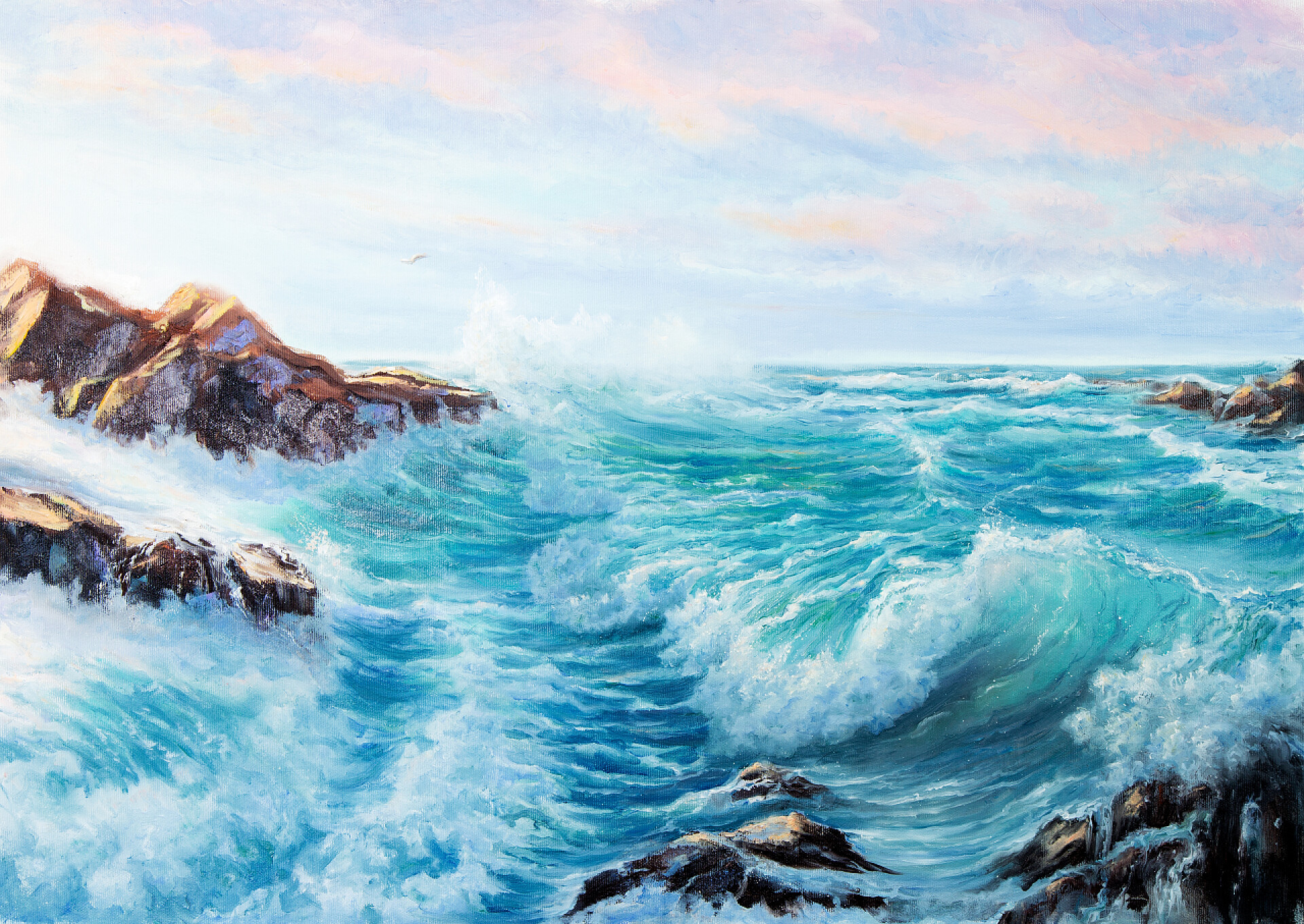 明亮的天空波涛汹涌的大海油画作品海洋波浪