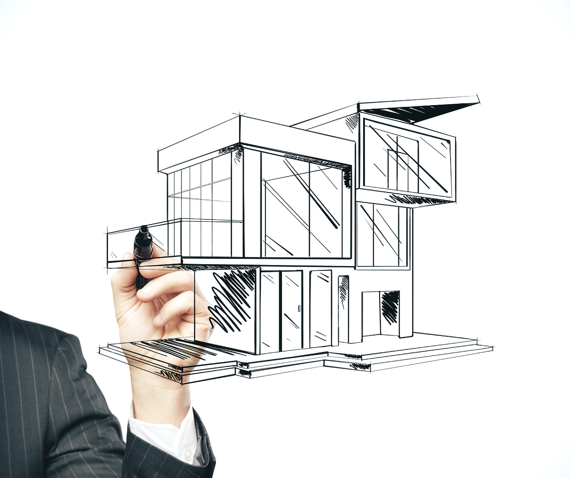 一个男人拿着笔正在绘制建筑草图手牵着笔画小屋的商人