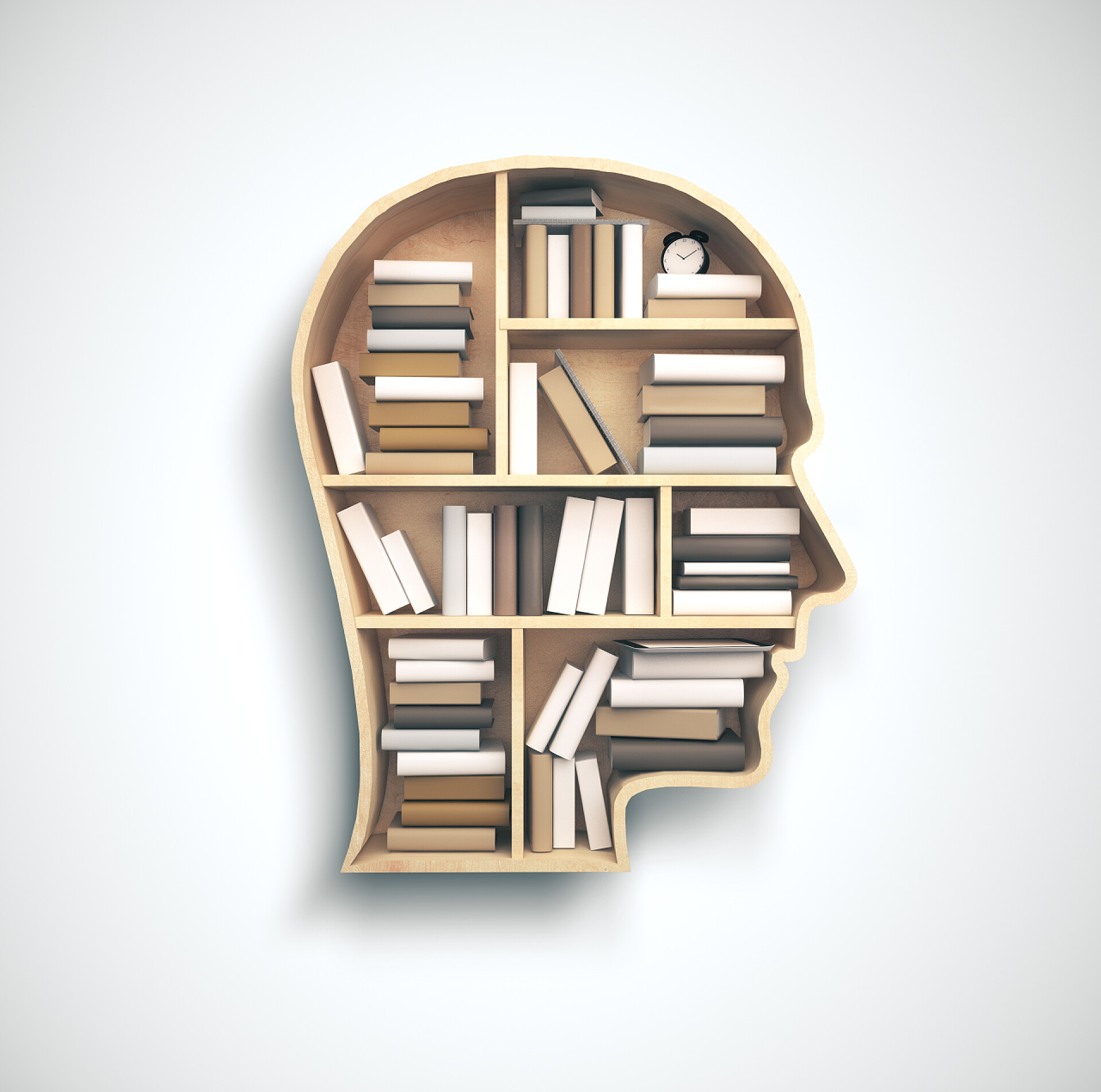 灰色背景书架上的书籍头型书架，有许多书