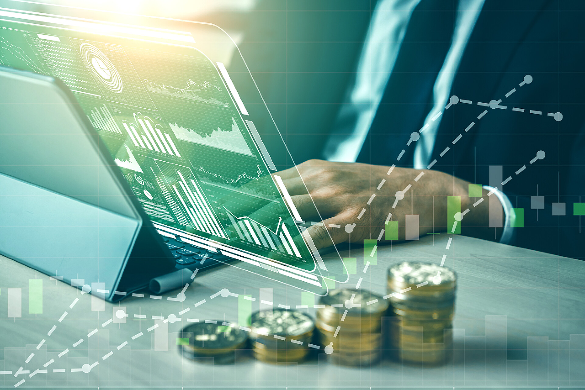 年终总结虚拟与现实的结合商务办公和增长的货币商业和金融概念数据分析。图形界面显示了数字商业战略的盈利分析、在线营销研究和信息报告的未来计算机技术.