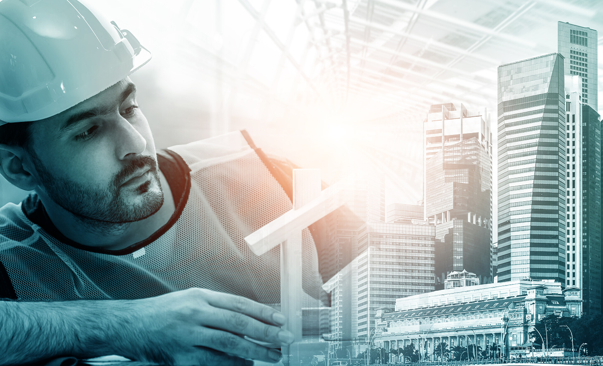 高楼大厦科技背景和建筑工程师未来建筑工程的概念与双曝光平面设计.从事现代民用设备技术工作的建筑工程师、建筑师或建筑工人.