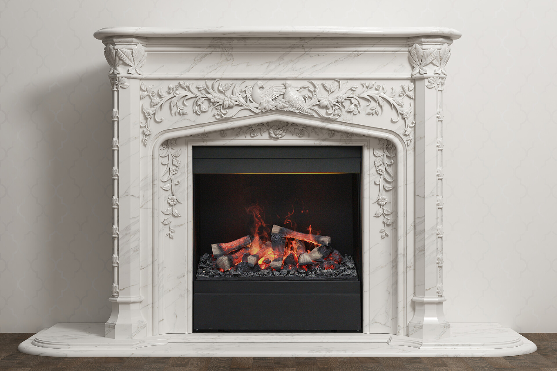 家庭室内精致的壁炉在家庭内部与火的石头壁炉