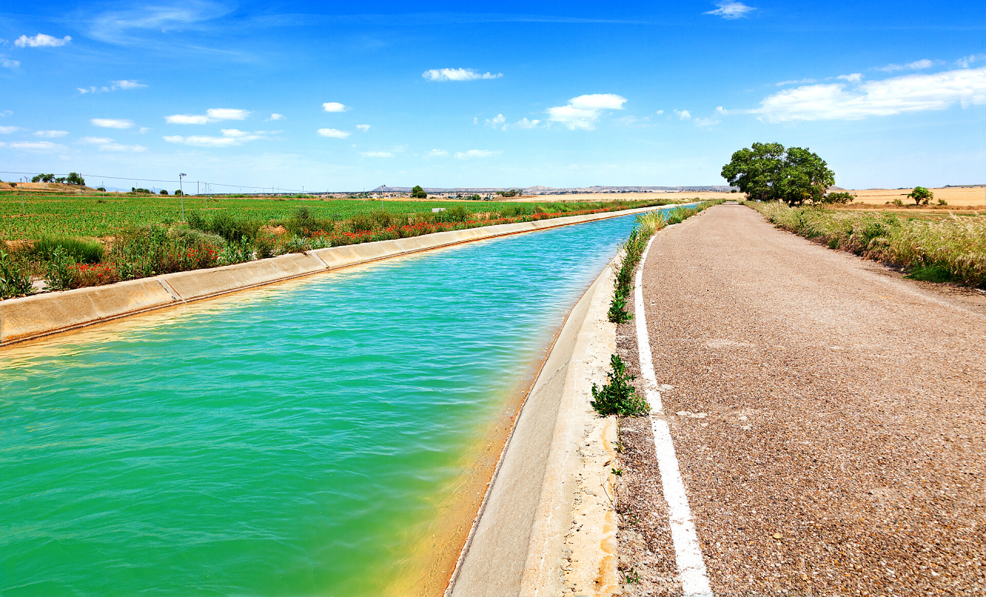 蓝天白云下美丽的河水和公路灌溉渠道和田地