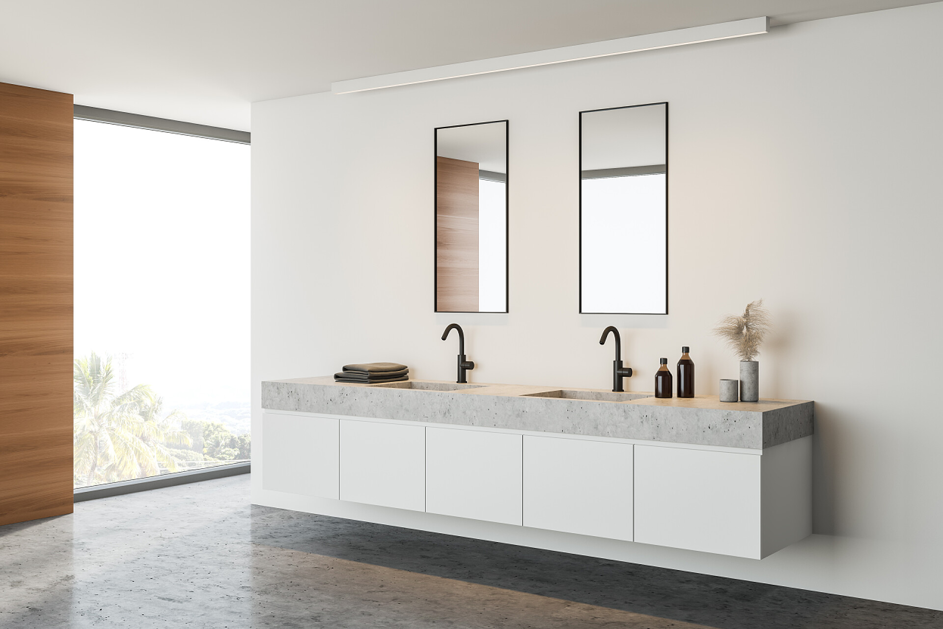 现代浴室洗漱台装饰白色和木制浴室中的双水池