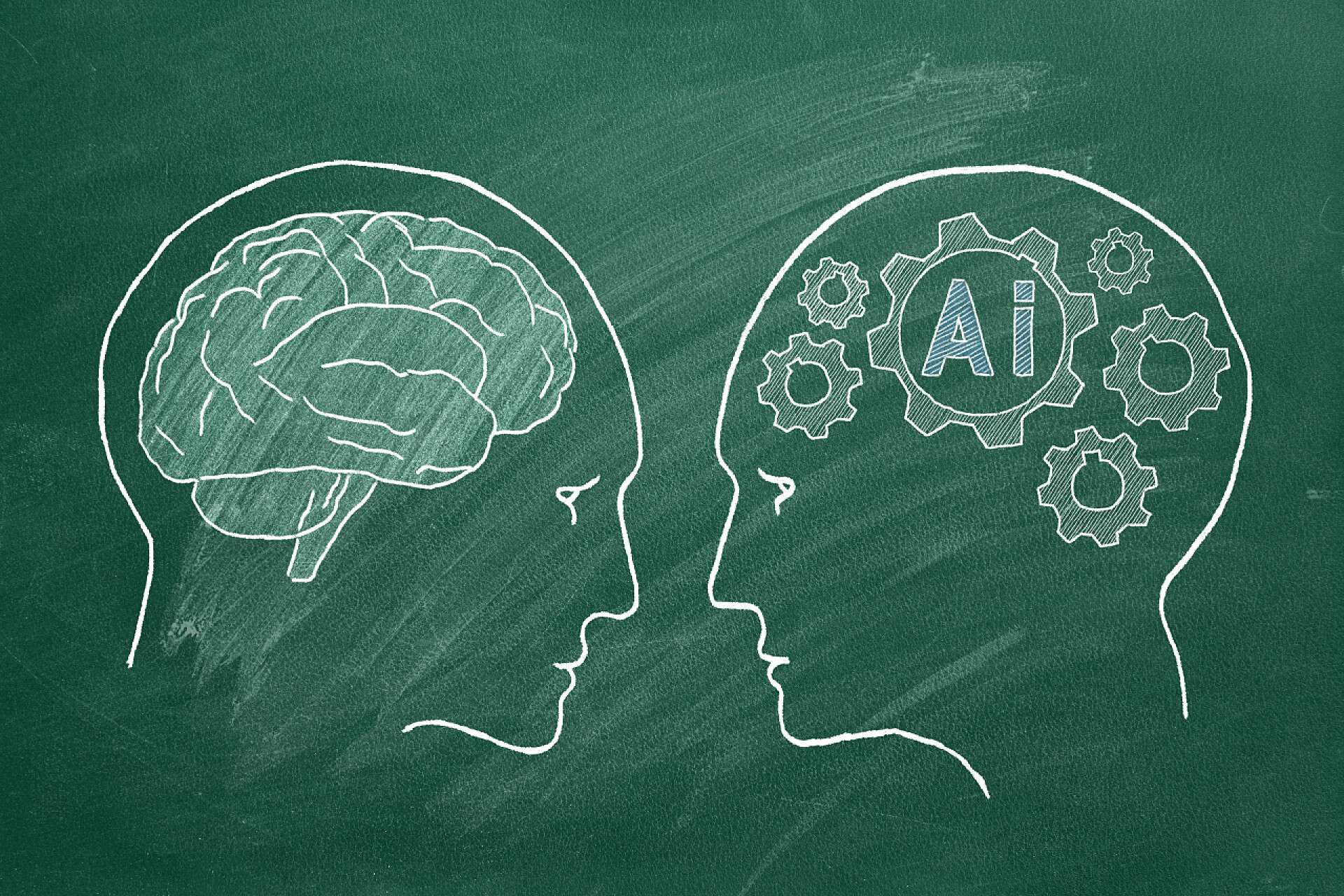 黑板上的人脑和ai智能简易画人类智慧与人工智能的对比。 面对现实 意见相左。 学校黑板上的动画插图.