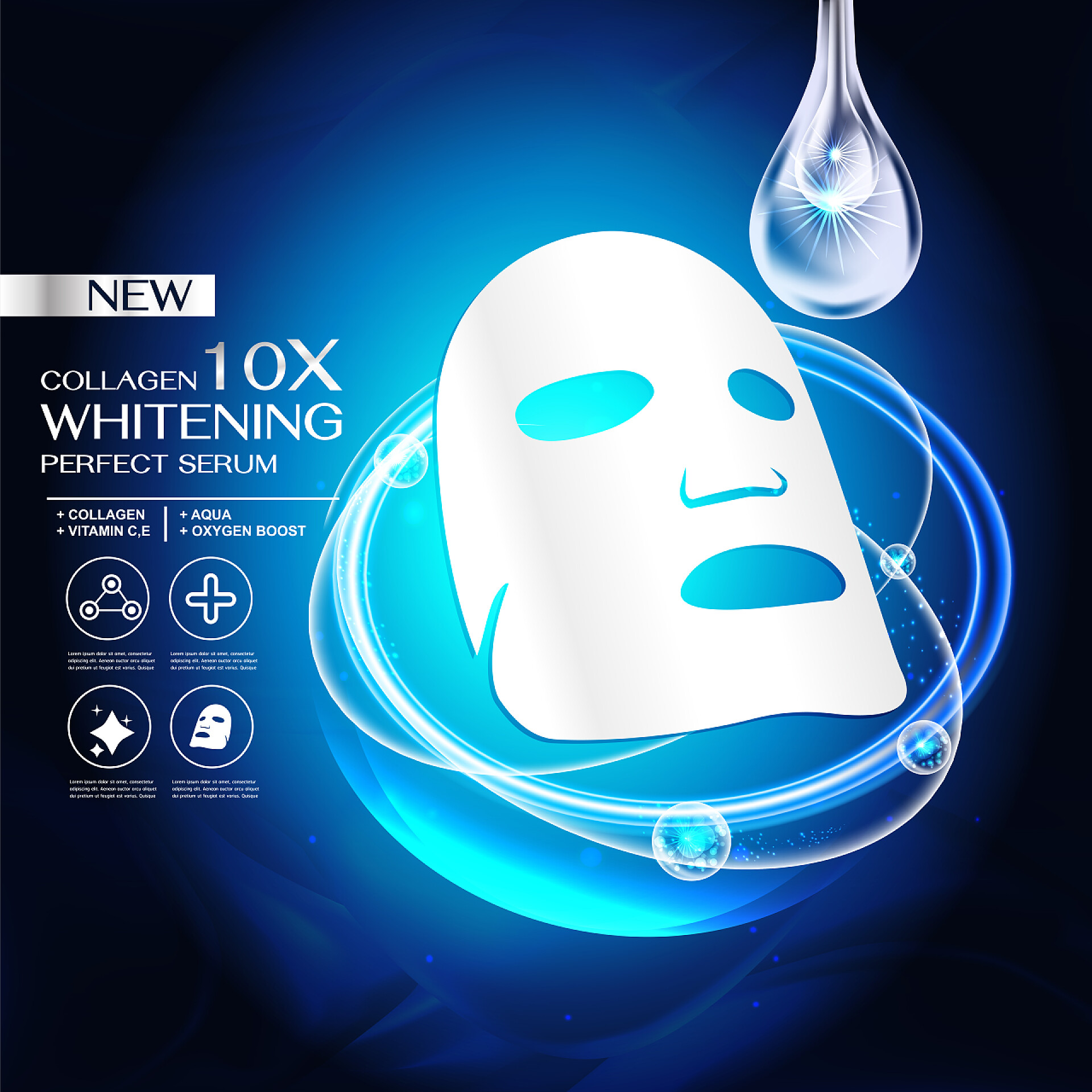 黑色背景上的胶原蛋白血清和维生素面膜渲染图胶原蛋白血清和维生素背景概念皮肤护理化妆品.