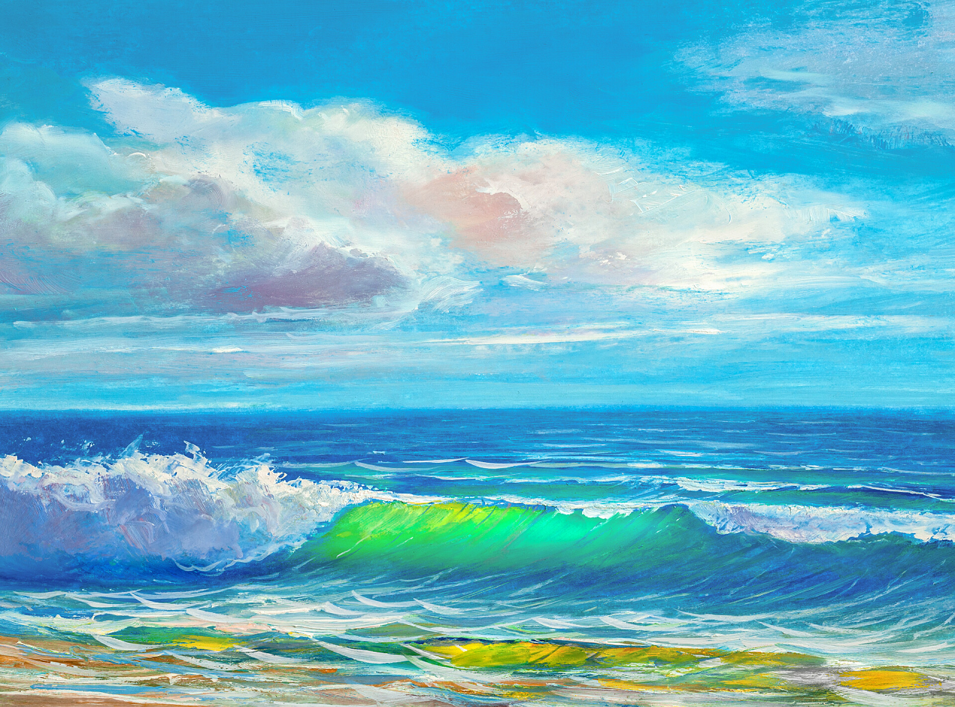 蓝天下的海滩水彩画早上在海上，波浪上，插图上，油画画在帆布上.