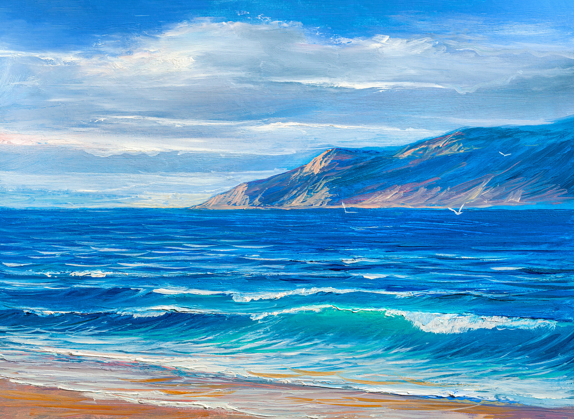 蓝天白云下的山脉和海滩景观水彩画早上在海上，波浪上，插图上，油画画在帆布上.