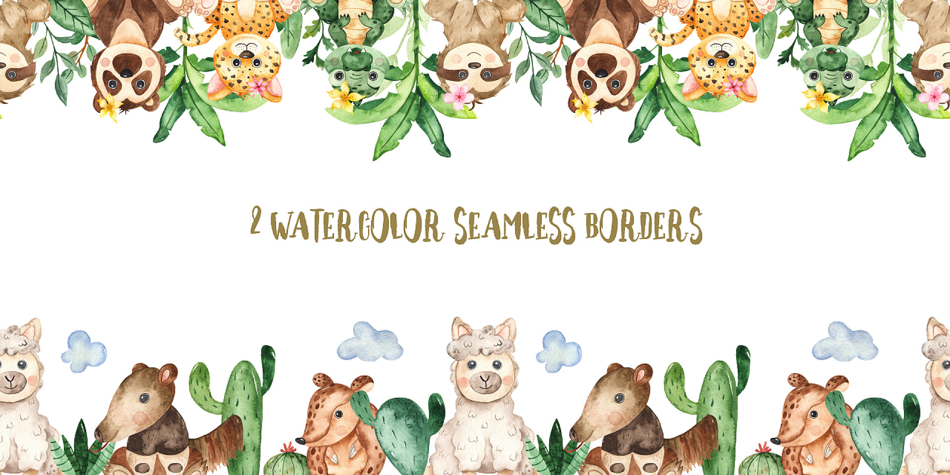 丛林动物婴儿丛林动物。水彩画手绘无缝边界