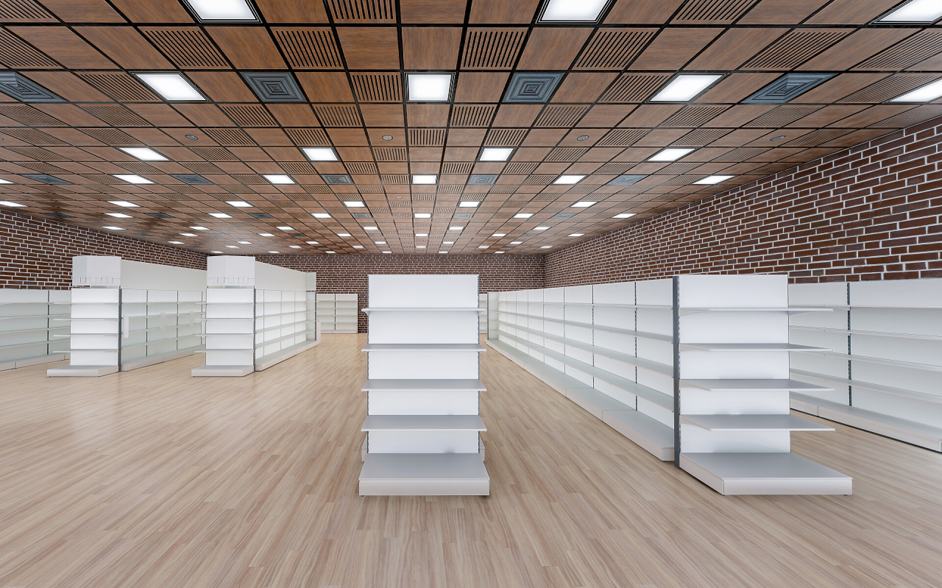 高档超级市场内部的食品货架高档超级市场内部食品货架的3D图像正面视图