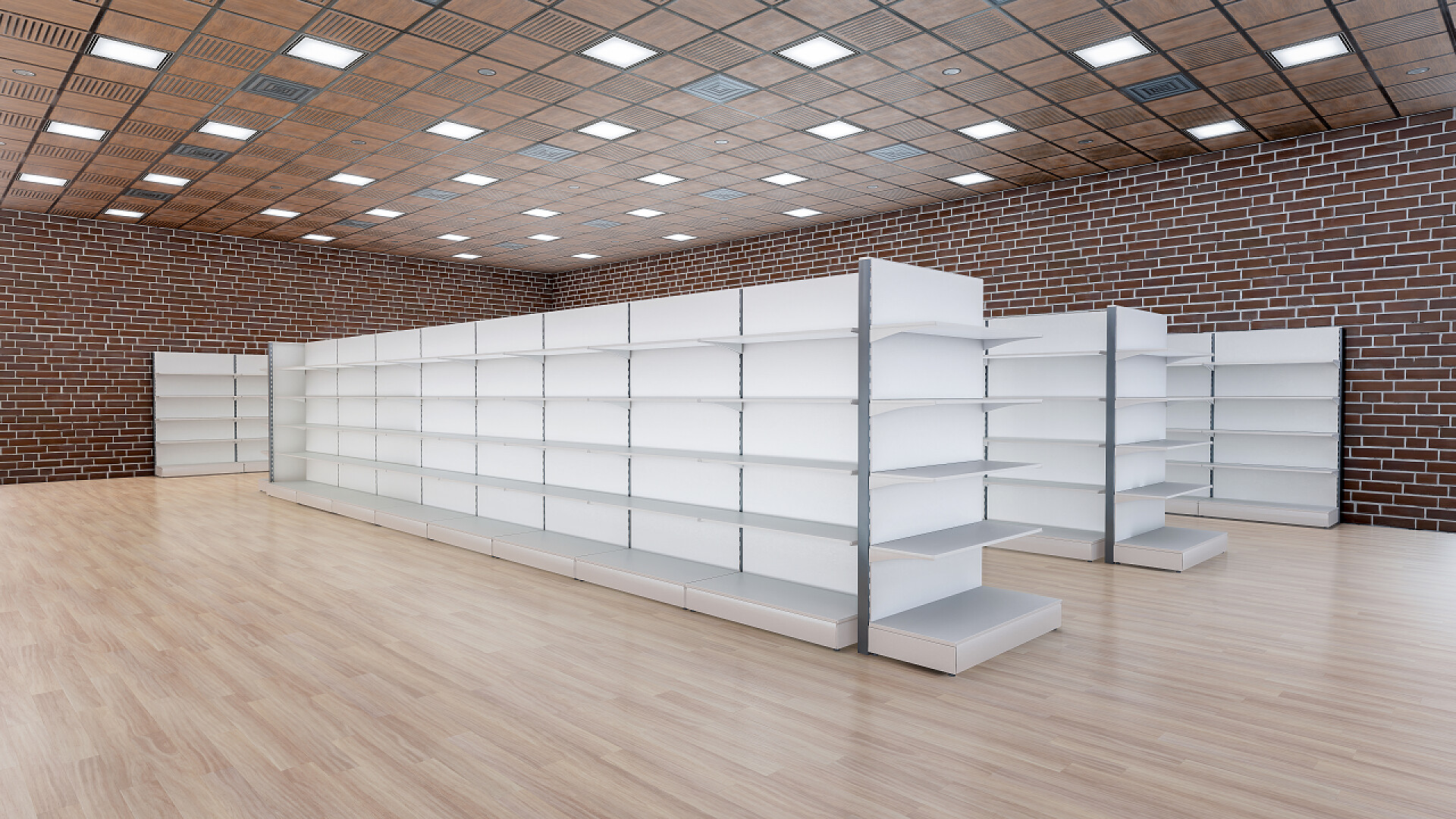 高档超级市场内部杂货店货架高档超级市场内部杂货店货架的3D图像侧视图