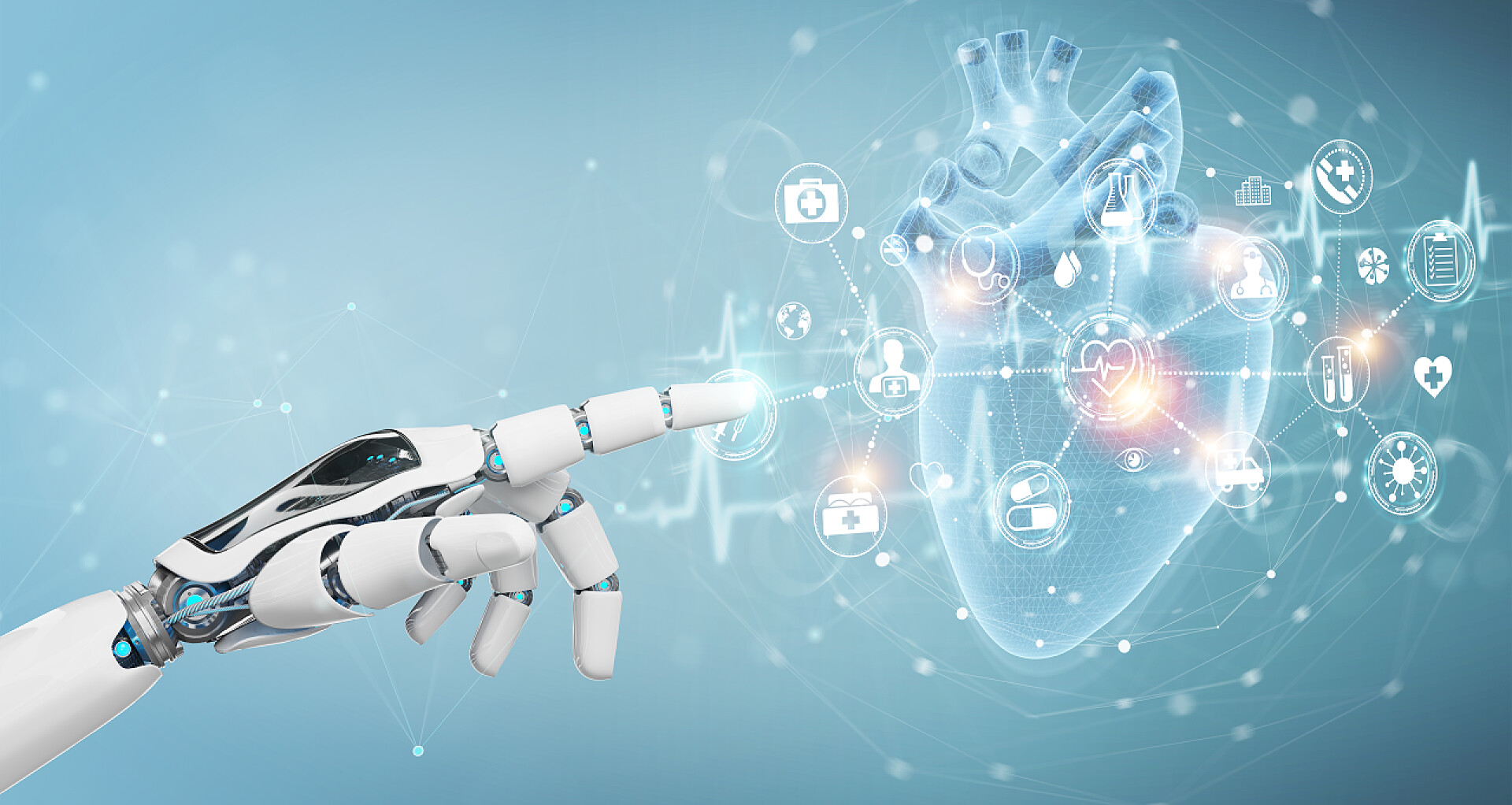 机器人手部指向人心全息扫描投影基于数字X射线的人心全息扫描投影三维渲染机器人手部模糊背景