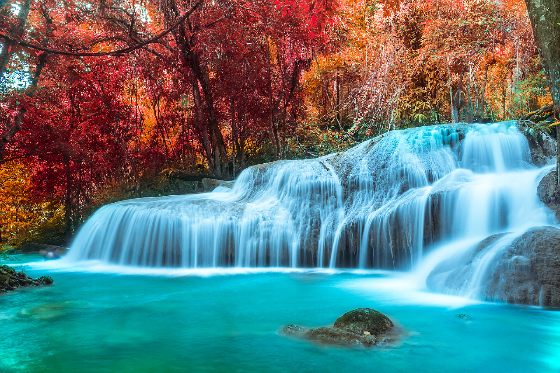 森林红叶背景中的瀑布森林背景中红叶落水.