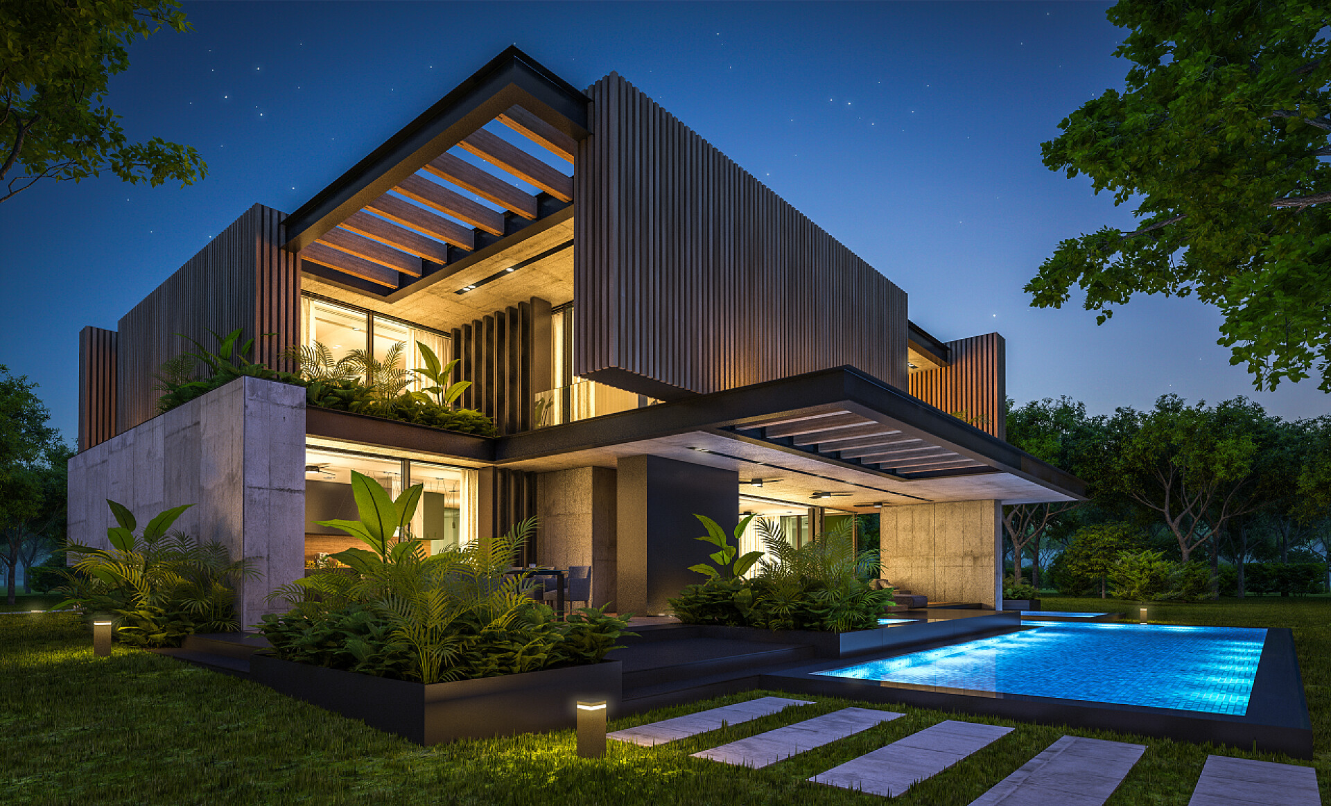 现代化舒适的房子3D展示现代化舒适的房子，有停车场和游泳池出售或出租，有木板立面和漂亮的背景景观。晴朗的夏夜，天上有许多星星.