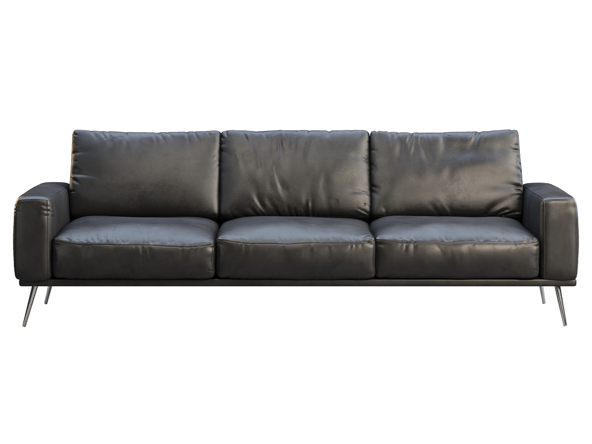 现代三座沙发现代三座沙发。黑色皮革沙发，金属腿白色背景。世纪中叶，现代，阁楼，查莱特，斯堪的纳维亚内陆。3D渲染