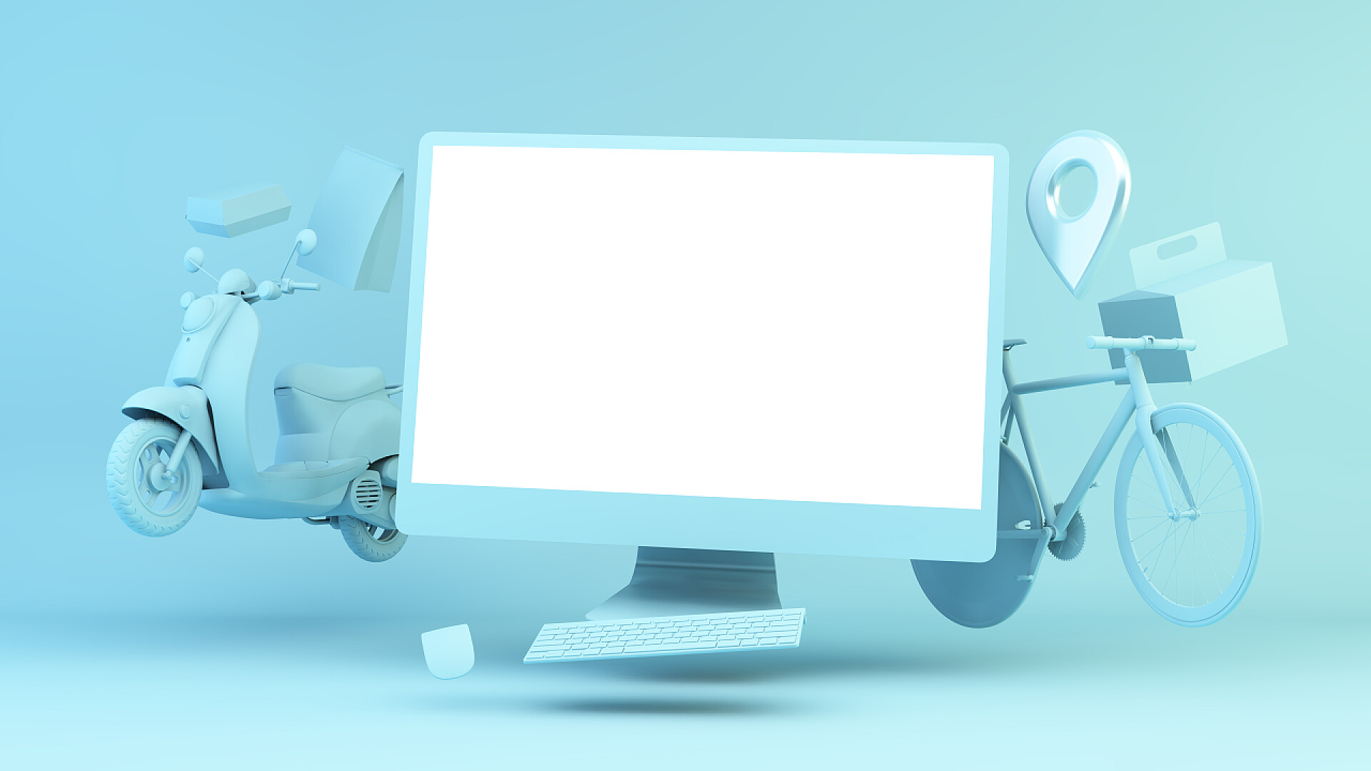 蓝色背景上的笔记本电脑和交通工具超级市场网上订单交付概念3D渲染