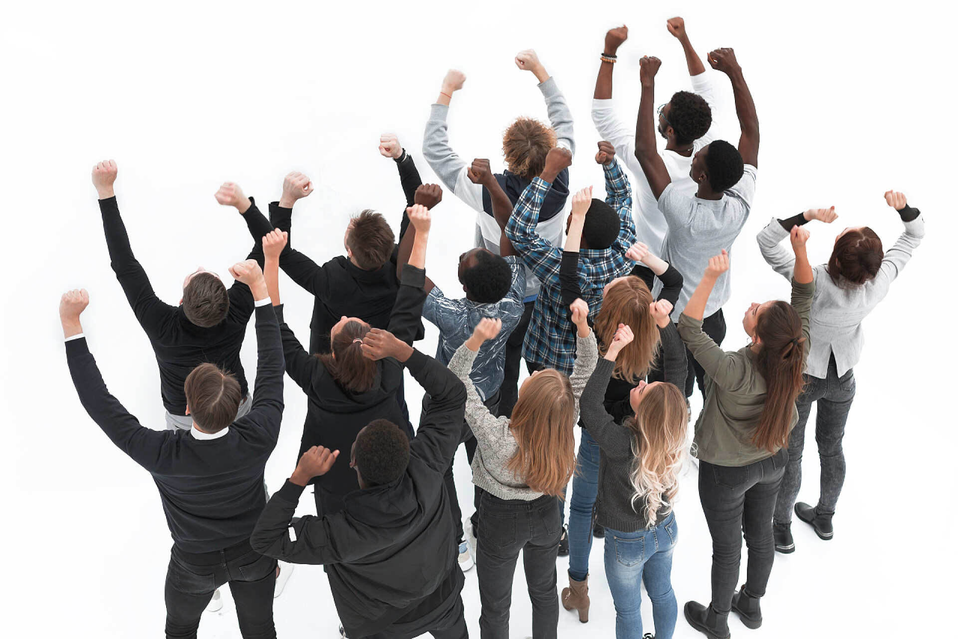 白色背景上一群人加油鼓劲一群各种各样的年轻人指着某个地方