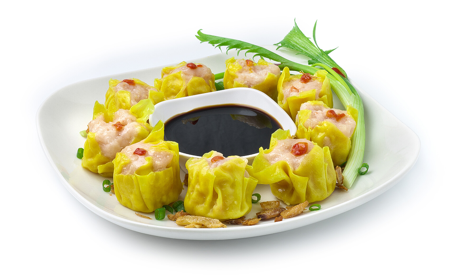 白色背景上的蒸煮虾仁饺子蒸煮虾仁饺子中国菜，亚洲菜融合风格装饰雕刻春洋葱，脆大蒜，早餐牛奶时间饺子盘侧面观景