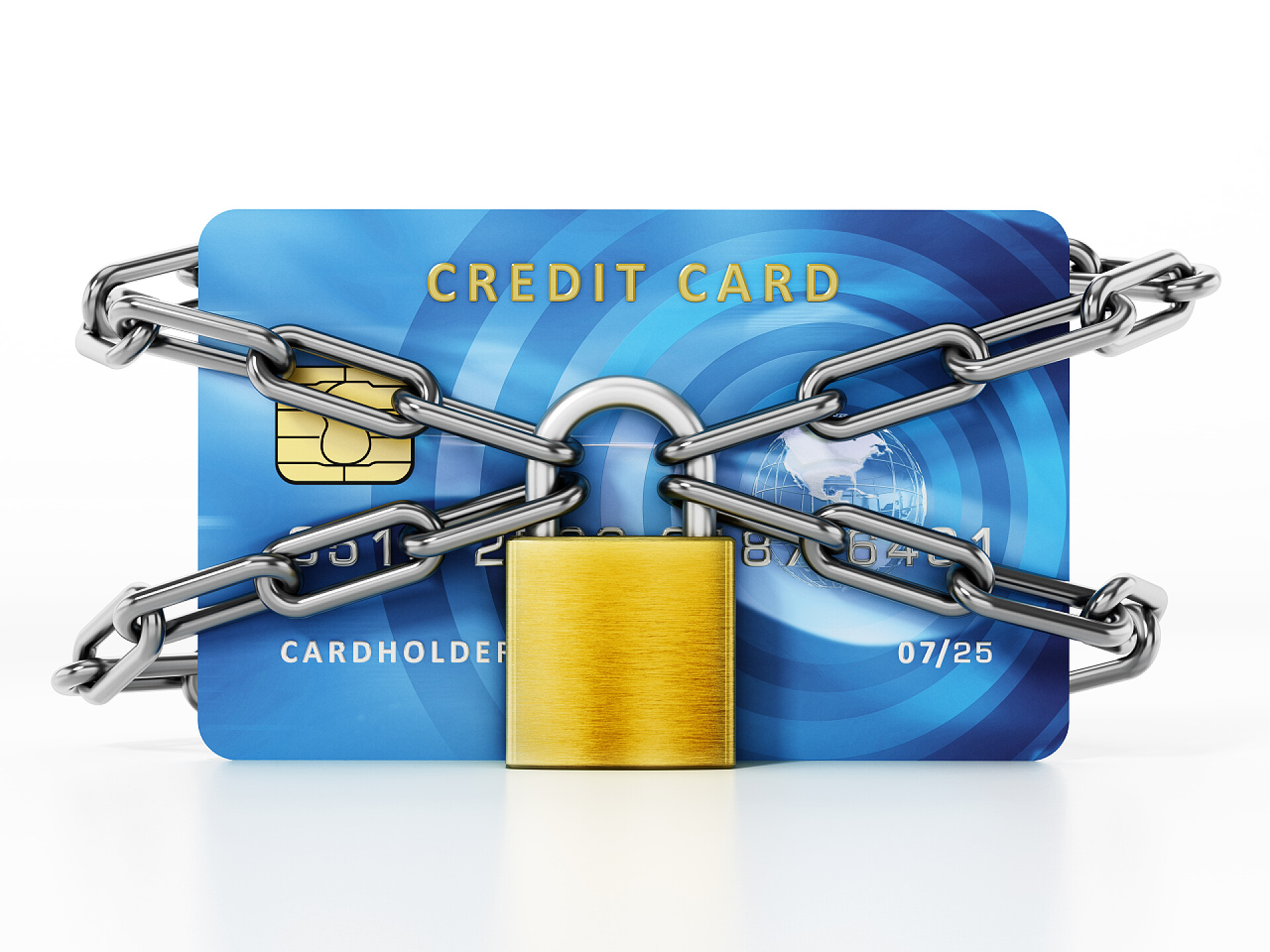 白色背景上被锁住的银行卡锁住和锁定通用信用卡。3D插图.