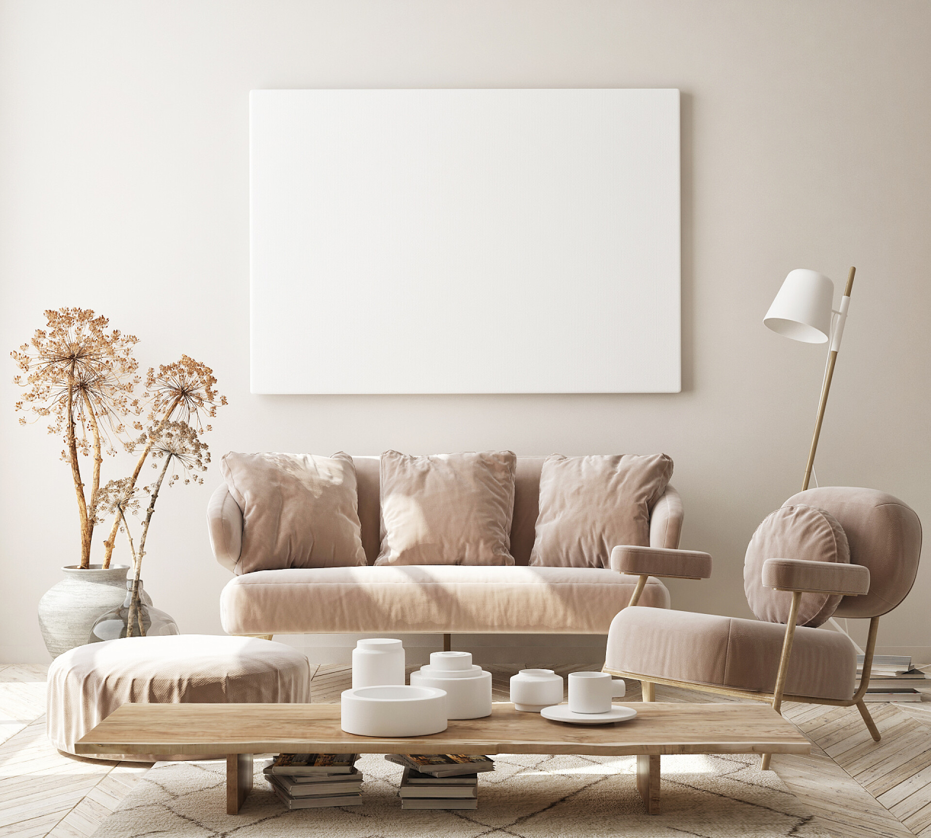 现代简约客厅装修设计在现代室内环境、客厅、斯堪的纳维亚风格、 3D渲染、 3D插图中模拟海报框架