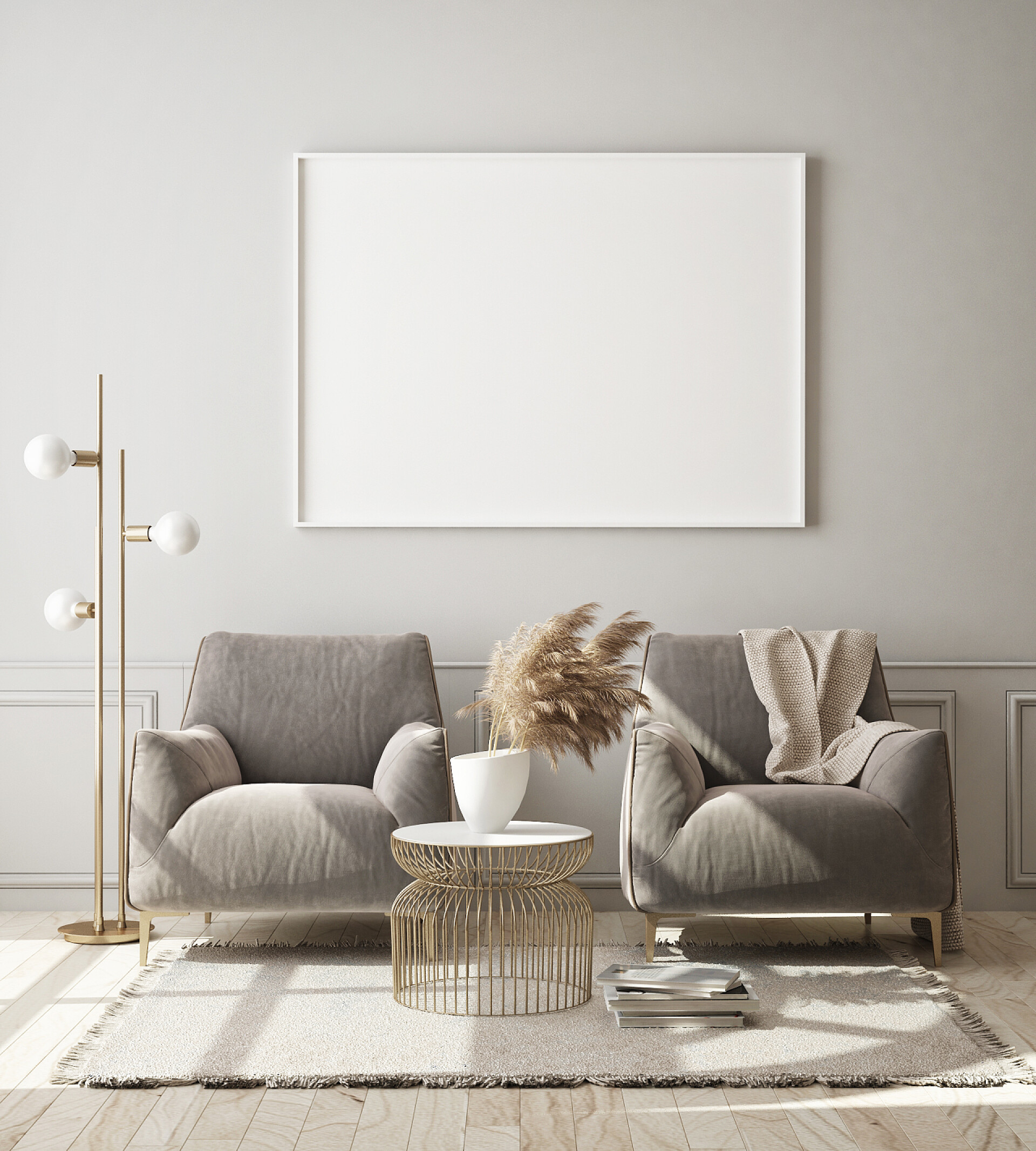 现代简约客厅装修设计模拟海报框架在现代室内背景, 客厅, 斯堪的纳维亚风格, 3d 渲染, 3d 插图