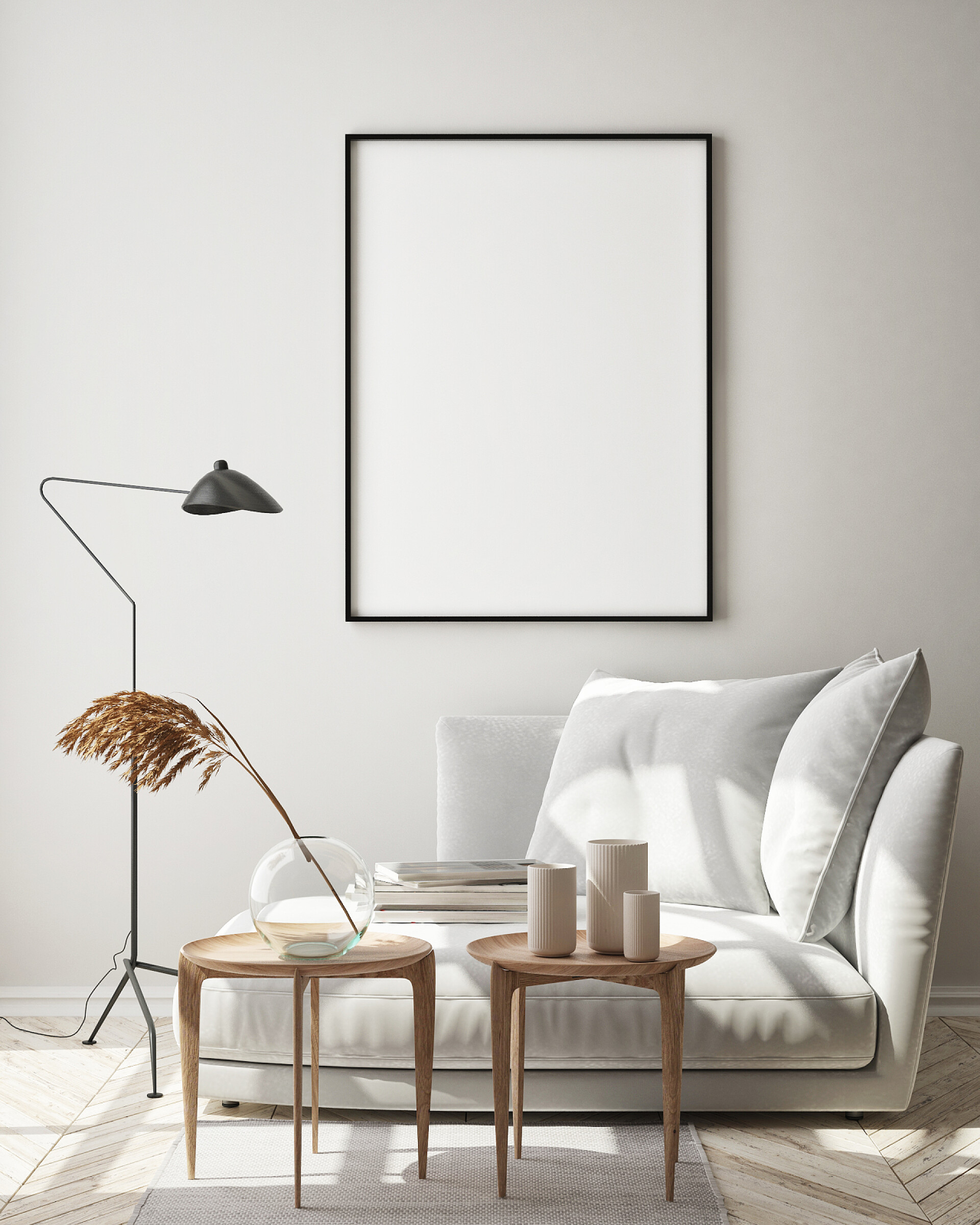 现代简约客厅装修设计在现代室内环境、客厅、斯堪的纳维亚风格、 3D渲染、 3D插图中模拟海报框架