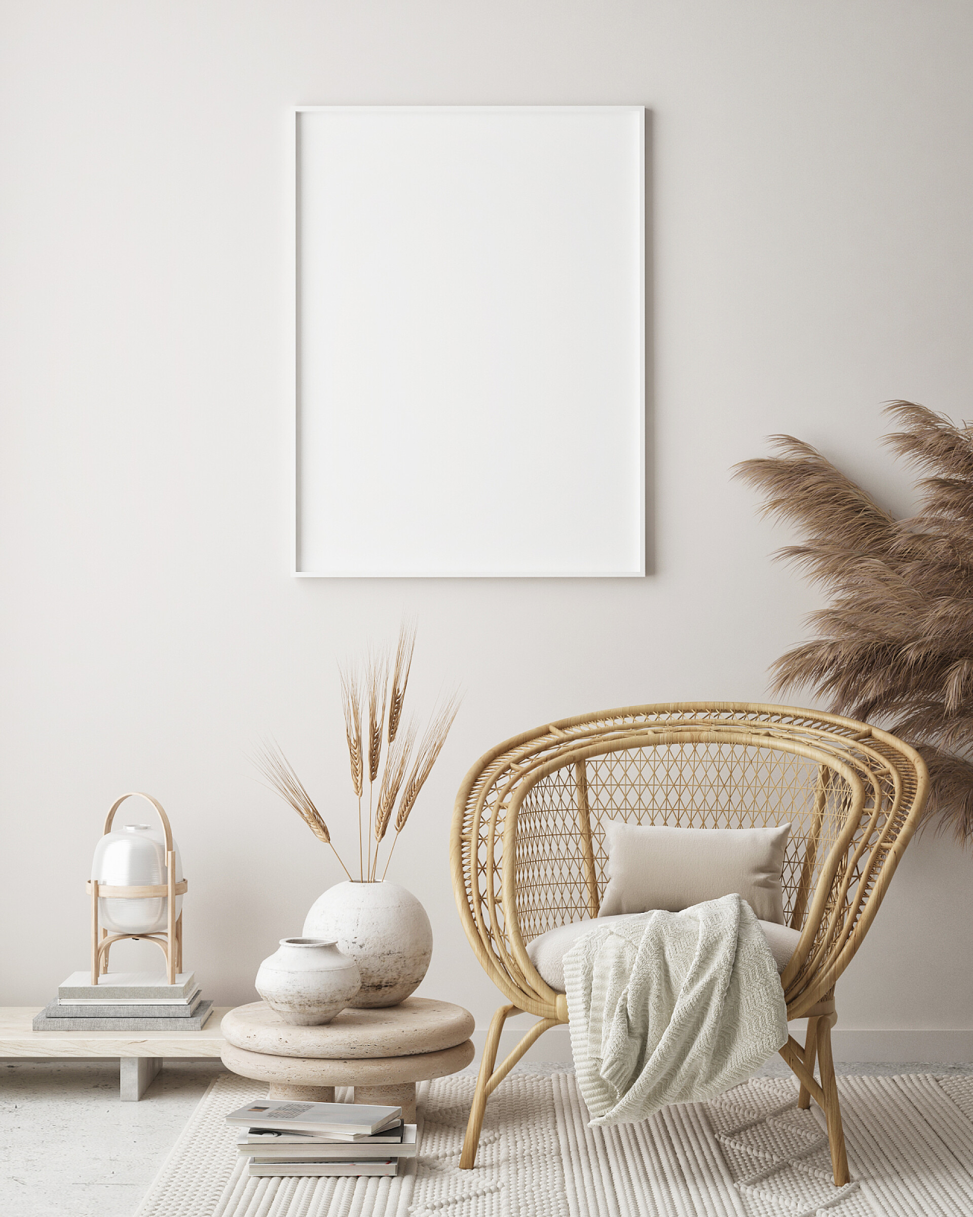 现代简约客厅装修设计在现代室内环境、客厅、斯堪的纳维亚风格、 3D渲染、 3D插图中模拟海报框架