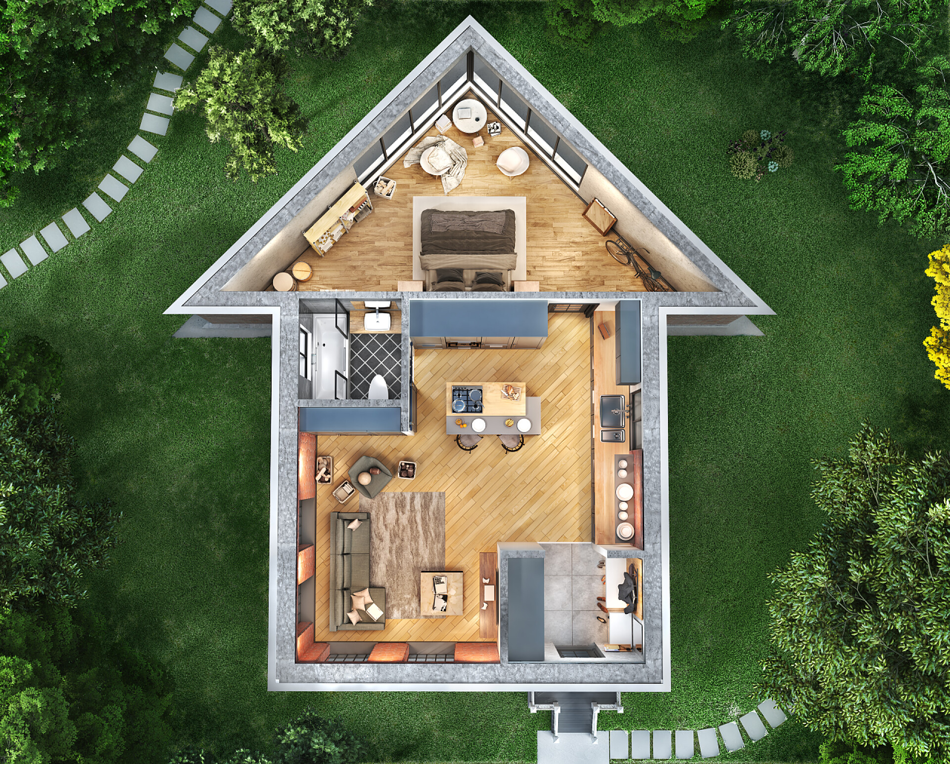 房屋设计模型图园中房子的内部形式的切片房子的顶部视图。3d说明